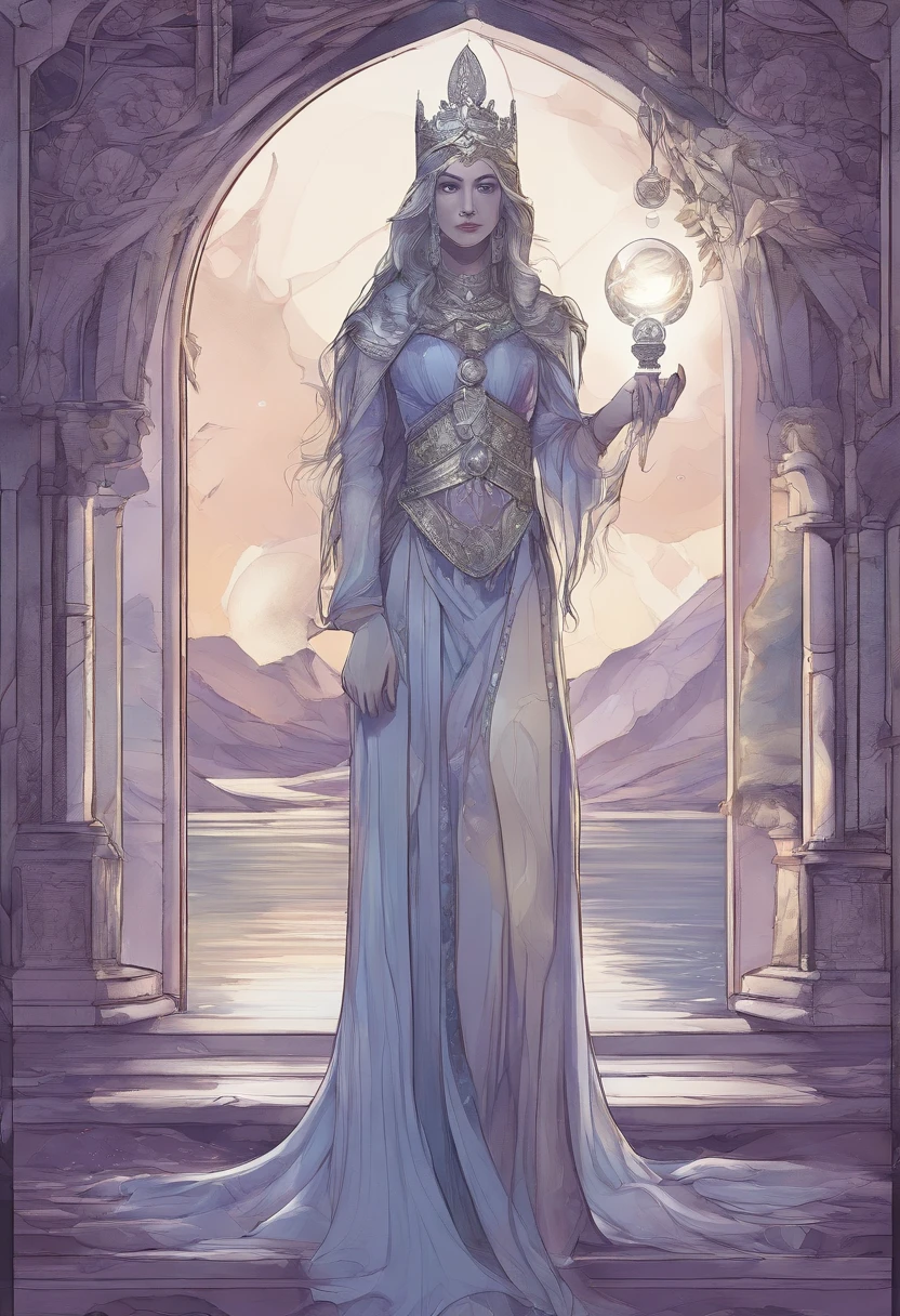 Certainly, here's your description in English:

"I want an image with a priestess standing with her back to the viewer, looking towards the background of the image. She should be holding a torch of fire in her right hand and a staff of light in her left hand, with the staff touching the water below. The ground will be made of water, and the priestess will be under an arch (portal) made of crystals, which forms an arch down to the ground. The sky will be at dusk, with stars and a galaxy in shades of violet, blue, and bright purple. There will be a bright full moon above the crystal arch."