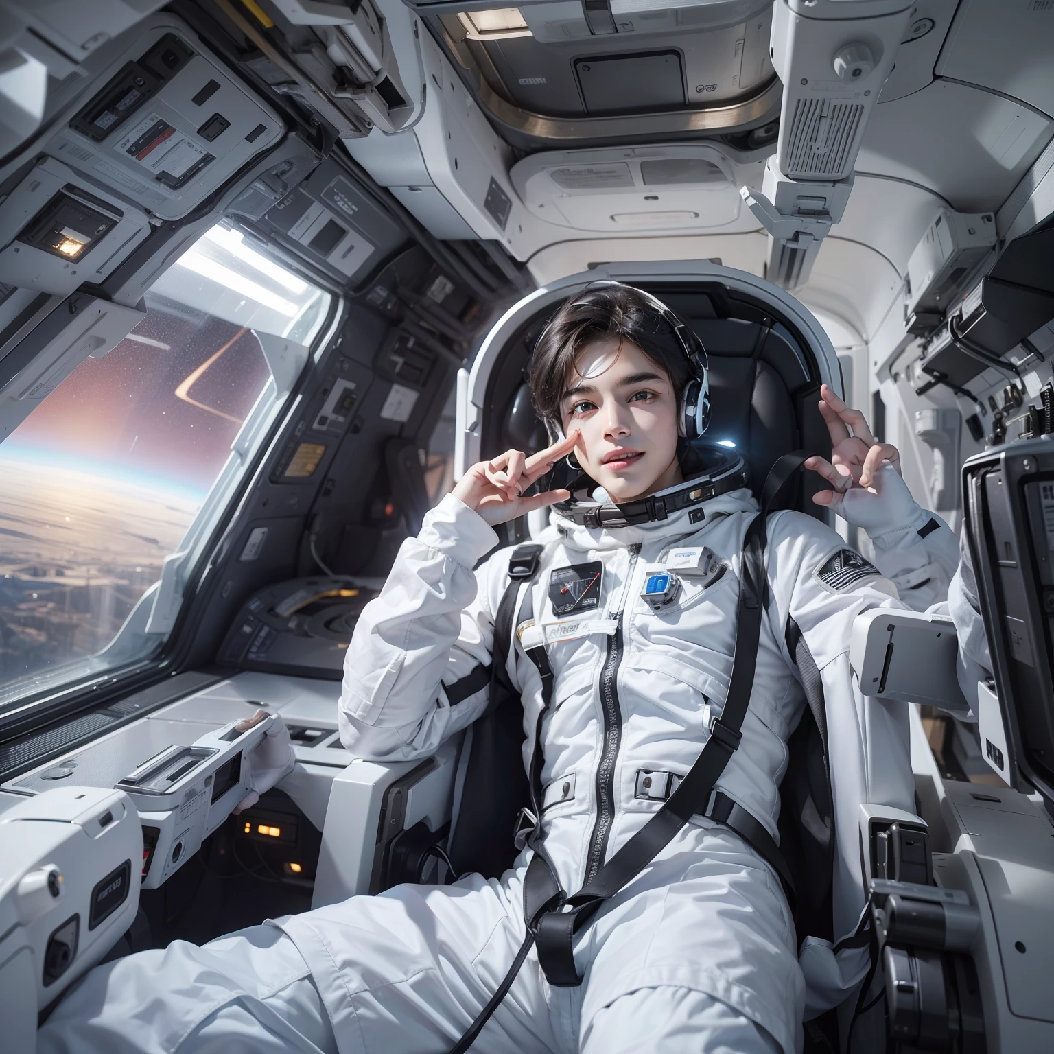 Enchanted man happy to raise his hand　Perfect beauty　Beautiful white skin　Beautiful eyes　Lustrous lips　lovely smile　wink　Dark hair　He wears a thin spacesuit designed in white and black that sticks to his body.　Functional　head phone　Inside the spacecraft