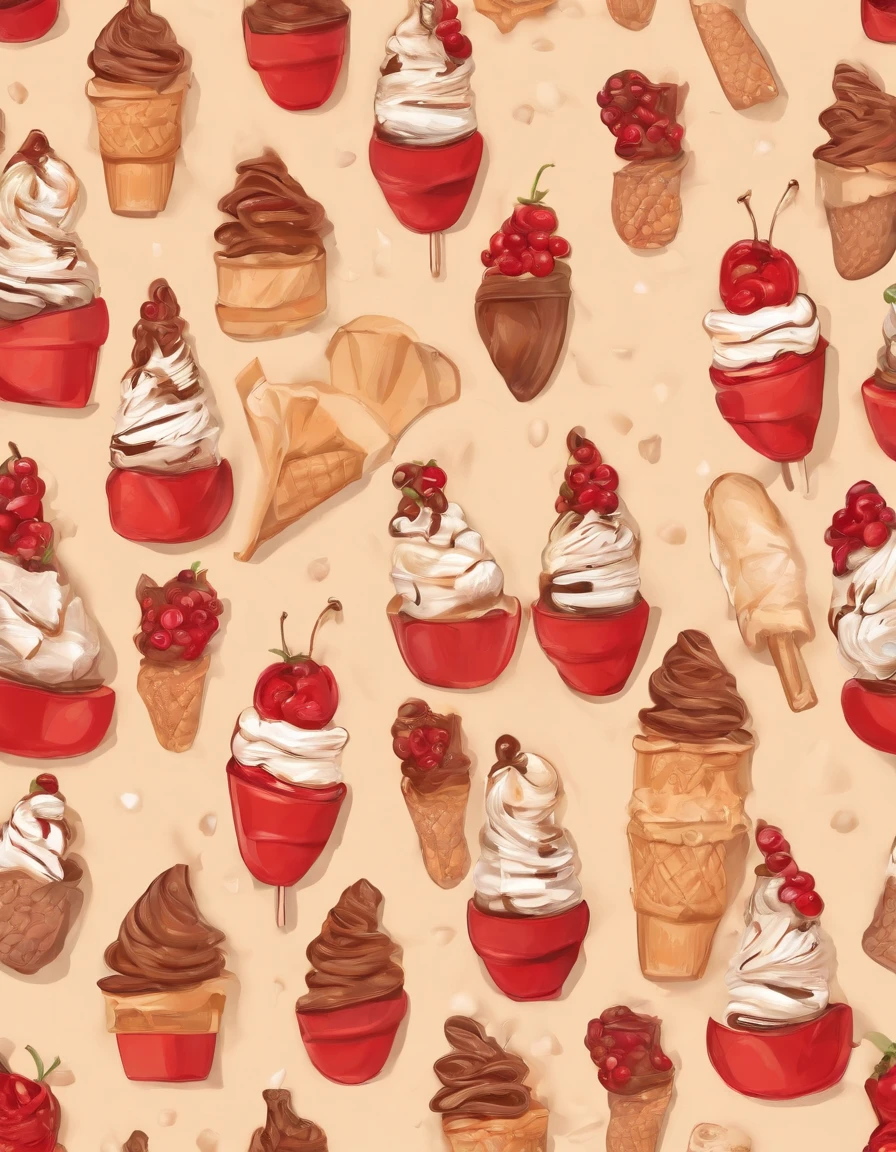 ,high high quality,8K,Many details,icecream,Little cherry,chocolate bar,The shape of the rotation is beautiful,adolable,Rich in color,Poster illustration,
