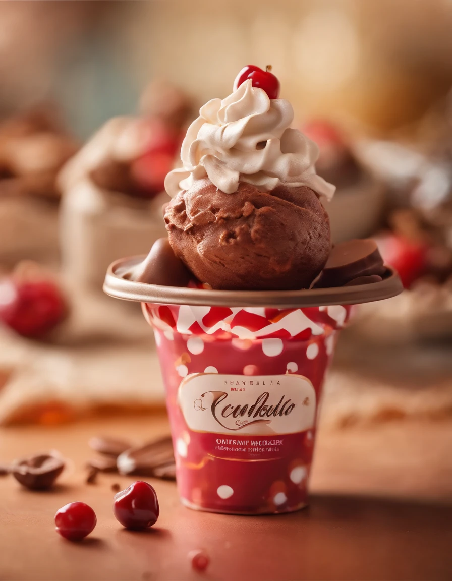 ,high high quality,8K,Many details,icecream,Little cherry,chocolate bar,The shape of the rotation is beautiful,adolable,Rich in color,Poster illustration,