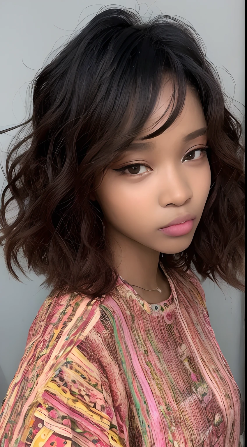 one African model , hair model, Unique wavy short layered colorful hair details, cyberpunk hiphop fashion, Near future , double eyelid, plump lips, professional makeup
