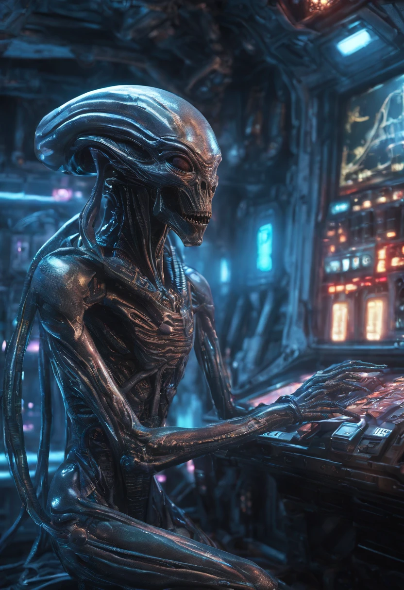 A alien making music on midi keyboard and mic. Put the alien in a futuristic recording studio. Make sure the eyes of alien glow