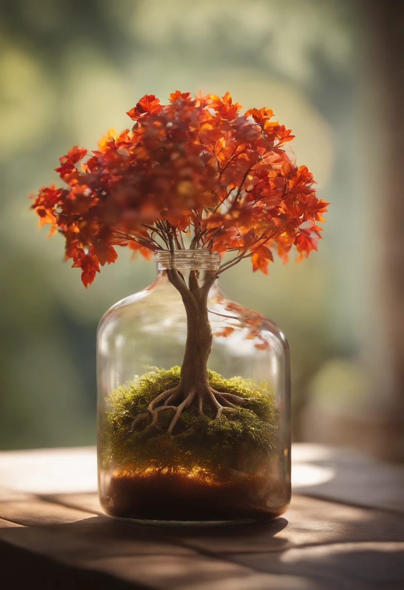 Dreamart tree in a bottle, Felpudo, Realistic, fotografia, canon, Sonho, arte, colorful leaves and branches with flowers on the top of the head. Fotorrealismo Hiperdetalhado de Greg Rutkowski - H 1024 W 804 | f 1 6 Marca da lente 2:2 s 3555 mm film grain :1 Realistic high-resolution sharp focus contrast!! intricate detailed atmospheric light refraction lighting unreal engine 5 cinematic concept photography masterpiece octane render trend in cgsociety rendered as