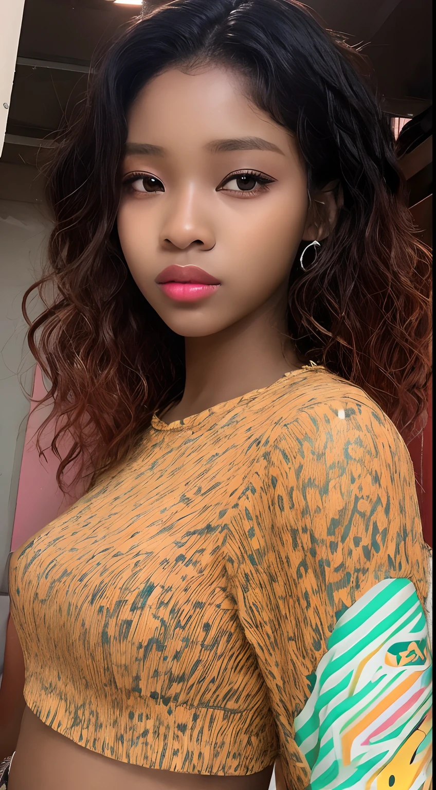 one African model , hair model, Unique wavy short layered colorful hair details, cyberpunk hiphop fashion, Near future , double eyelid, plump lips, professional makeup