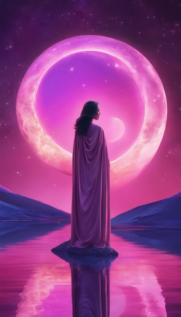 A distant cosmic being, standing with a pink cloak, below an inverted U-shaped portal. The feminine cosmic being with a staff resting on the watery ground in one hand and a lit lantern in the other hand, facing the portal and back to the screen, against a background of violet, pink, blue, and purple, a sky full of stars, with a large, bright Full Moon.