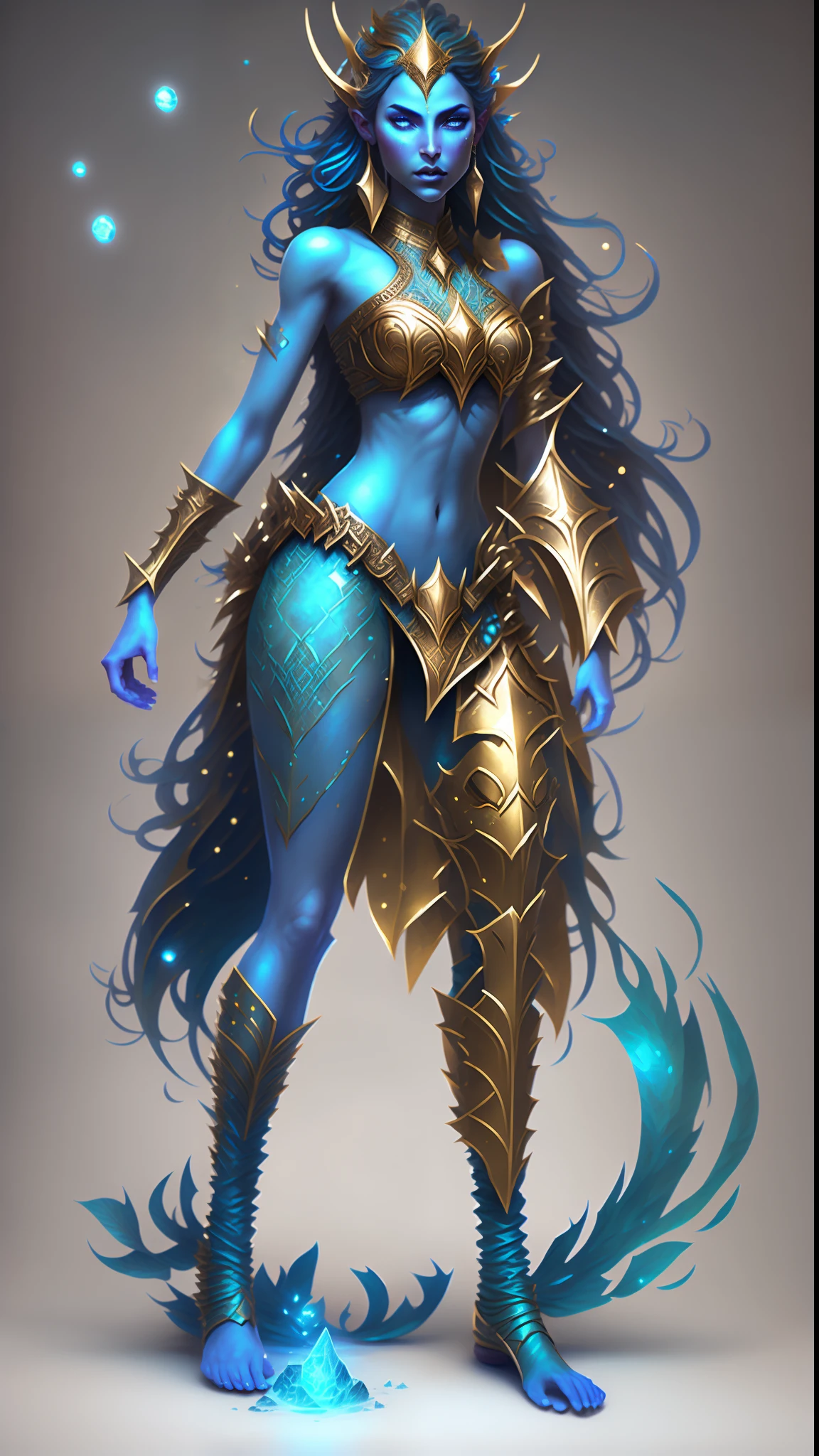 um close up de uma mulher com tinta azul no corpo, Djinn human hybrid, epic 3 d oshun, Tiefling azul, asian female water elemental, djinn azul, epic exquisite character art, Vencedor do concurso Artstation, Vencedor do concurso CGSetline!!, Vencedor do concurso CGSetline!!!, arte do personagem de fantasia, Artgerm Julie Bell Beeple The cast of the upcoming DC Universe film, powerful fantasy epic legends, heroes of might and magic, epic legends game icon, epic fantasy style, deuses antigos, Rainha e governante do universo, mystical atlantean valkyrie, Trindade, amazing mmorpg, epic real fantasy, Heroes of Power and Magic 3, personagens de fantasia, glorioso, epic fantasy HD art style