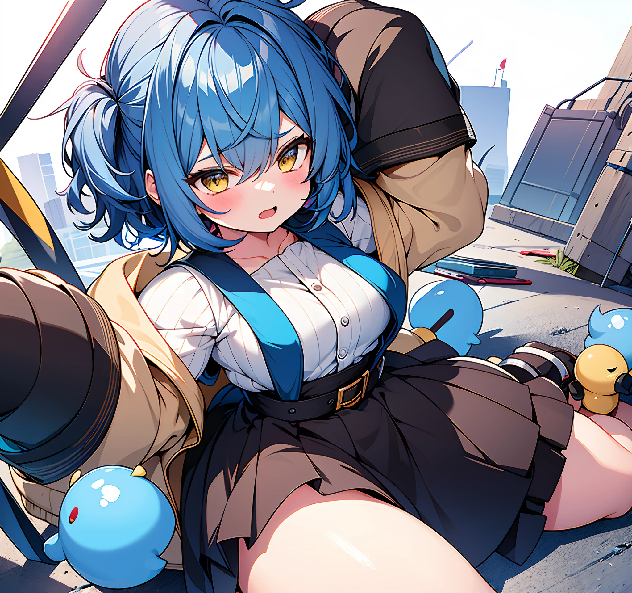 (closeup cleavage、16 k、top-quality、high detal、high detailed skin detail、NFFSW)、Watch anywhere、obedience、Large full breasts、Parted bangs、Medium hair、Blue eyes、face flushed、big assa、raise both arms、raise leg、Very big thighs、Arms behind your head、bound arms、breasts out、a red jacket、A miniskirt、pantyshot、Armpits、blue hair ornament、white knee-socks、White gloves、Torn clothing、Pleats_Skirt、Dark hair、orange ribbon