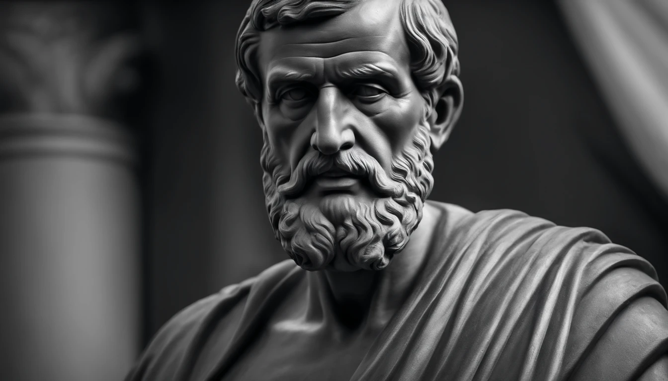 a portrait statue of the stoic Seneca in black and white 4K,Face de lado, papel de parede super realista