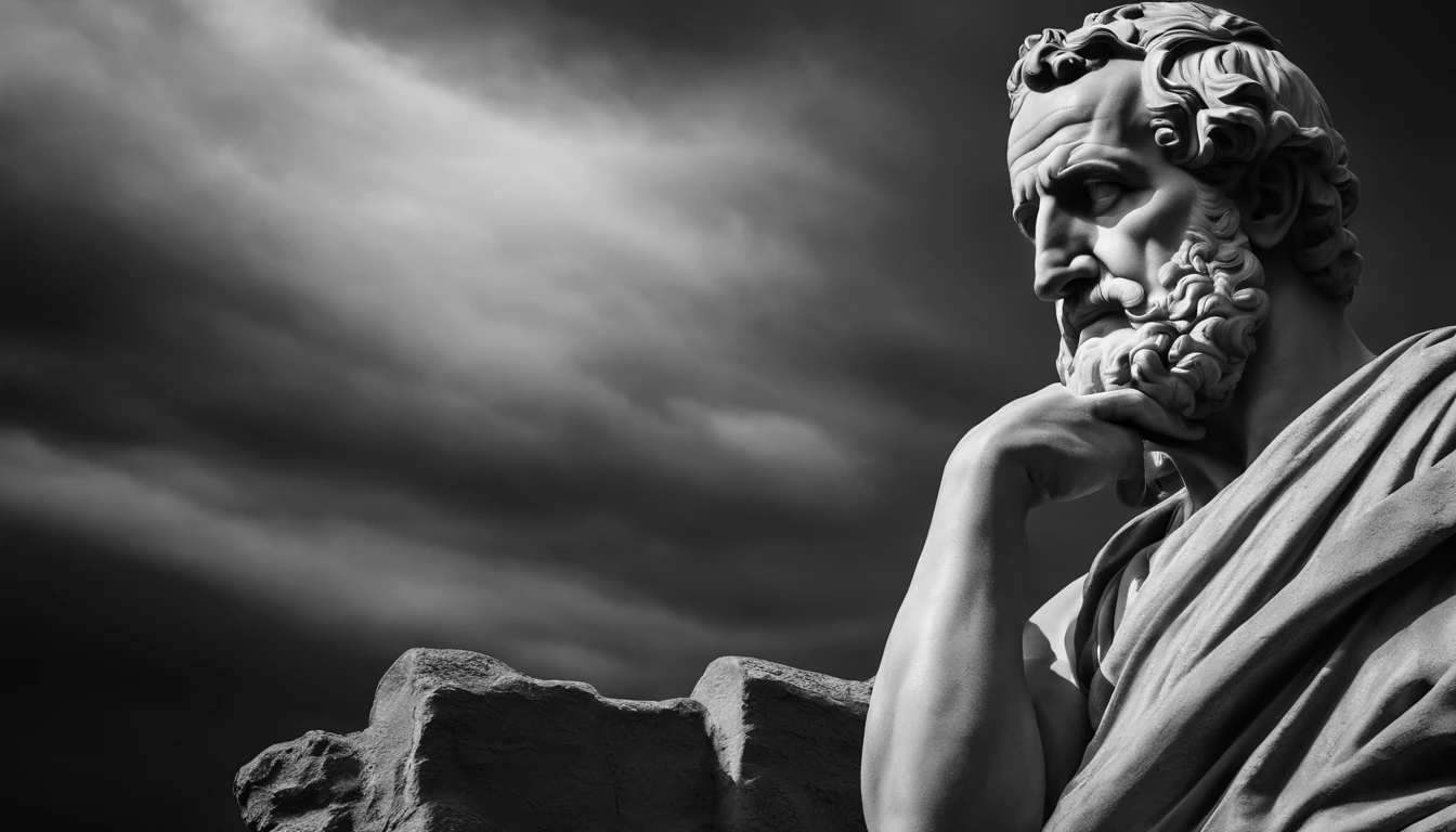 a portrait statue of the stoic Seneca in black and white 4K,Face de lado, papel de parede super realista