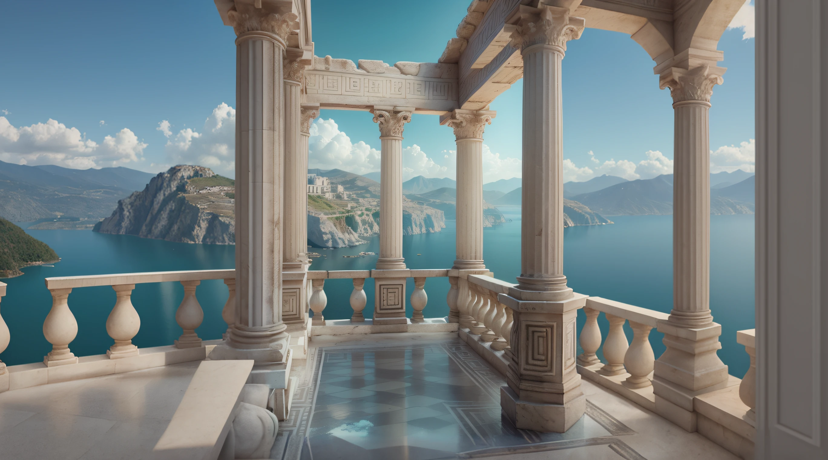 There is a view of a lake and mountains from a balcony, Paisagem grega da fantasia, Arquitetura romana surrealista, Panorama da fantasia grega, marble columns in the background, Mediterranean View, pintura fosca em estilo fantasia, Fundo grego do templo, pintura fosca altamente detalhada, Pintura fosca renderizada em 3D, Pintura 3D Matte hiperdetalhada, Pintura 3D fosca hiperdetalhada, Classical stone columns
