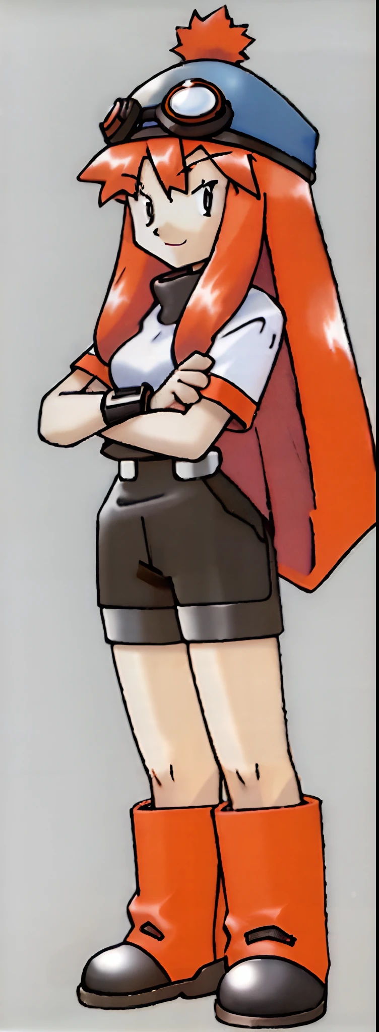 Meggy Spletzer, long orange hair, red beanie hat, black goggles placed atop head, white t-shirt with long black sleevees, arms crossed, tight black shorts, tall brown boots, legs, thicc thighs, wide hips, maroon eyes, happy, looking at viewer, cute, enormous hips