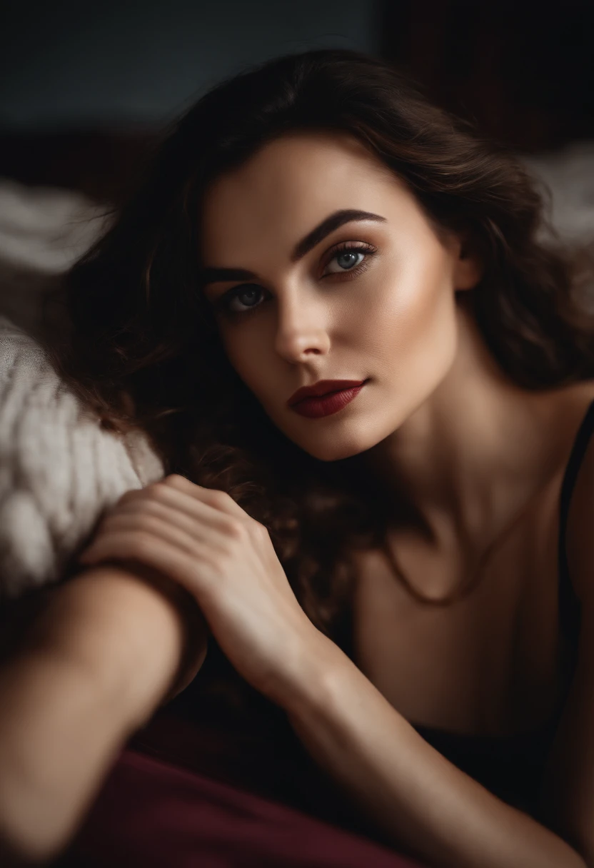 a selfie (masterpiece, best quality), beautiful woman, detailed sleeveless turtleneck, pants, necklace, wavy hair, perfect face, beautiful face, seductive, big beautiful eyes, open mouth, happy, perfect slender body , indoors, lying on a bed