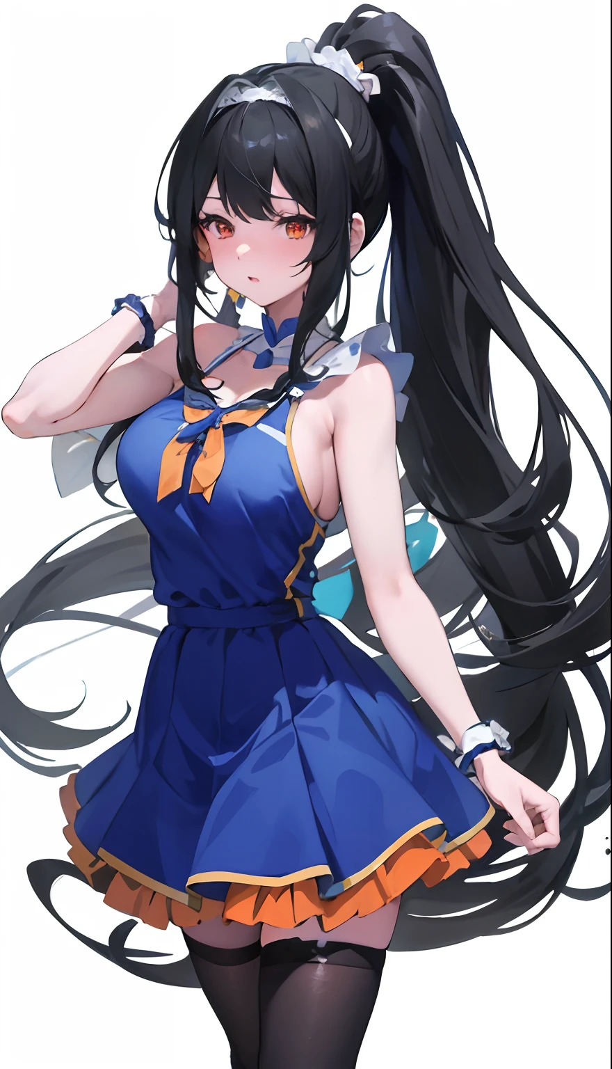 (masterpiece:1.5) (bestquality) highlydetailed ultra-detailed cute (1girl) (princess hair:1.2) (bangs) (black long hair:0.8) (high ponytail) (long ponytail braid:0.8) (long straight hair:0.8) (orange eyes) (amber eyes) (blue highlights) (headband),anime girl with a cheerleader uniform and a cheer pom pom, seductive anime girl, aqua from konosuba, oppai, hestia, anime goddess, waifu, anime waifu, ahegao, marin kitagawa fanart, most strongest pose, ecchi, with a large breasts, anime best girl, anime moe artstyle, (anime girl), clean anime art