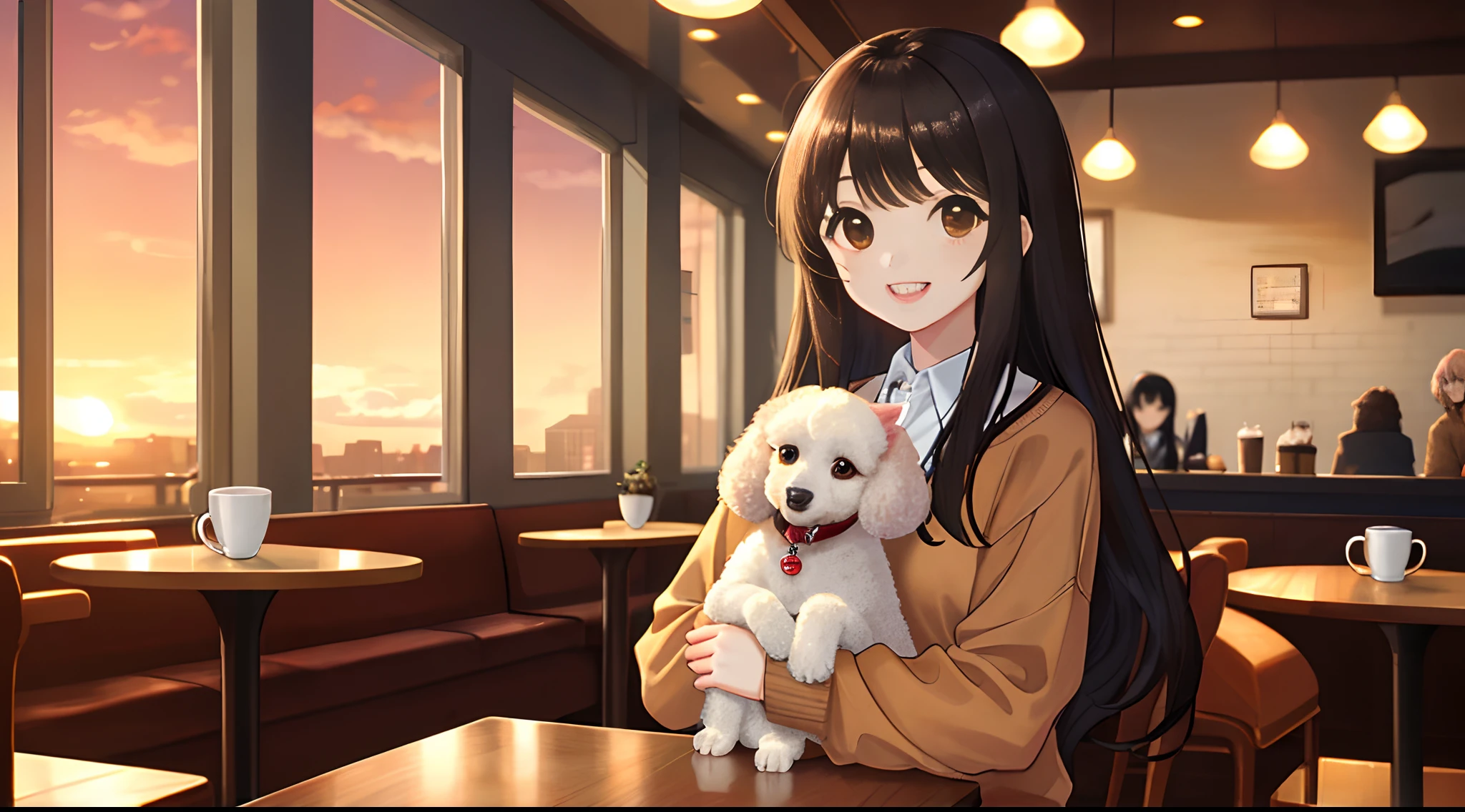 Cute black long straight hair brown eyes round face girl、Wearing a brown sweater sitting in a café drinking coffee, Sunset, Smile showing teeth without bangs, Holding a poodle puppy in your arms