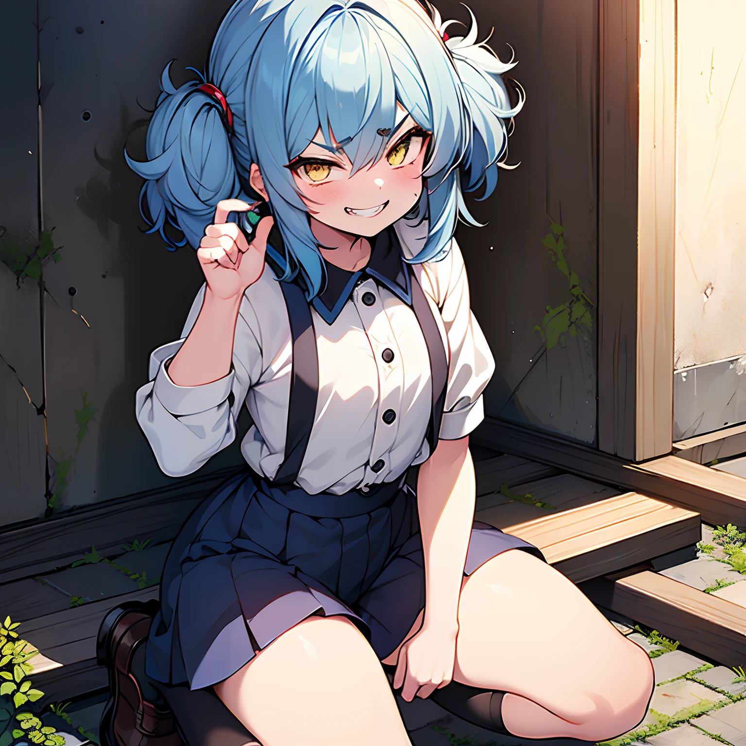 Masterpiece, best quality, high quality, 1 girl, solo, Anime girl with deep blue hair sitting on the ground, small loli, ((thighs thighs thighs thighs!!!)), ((cheek bulge)), Big ass, blue hair, ((Medium short hair)), ((messy Hair)), (Short hair), (((Unkempt hair))), ((short twin-tail)), Yellow eyes, slant eyes, ((thick eyebrows)), (((Spiteful smile, smirk, fangs))), single