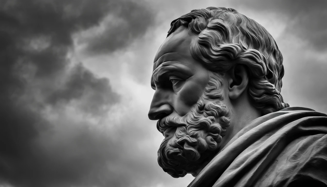 a portrait statue of the stoic Seneca in black and white 4K,Face de lado, papel de parede super realista