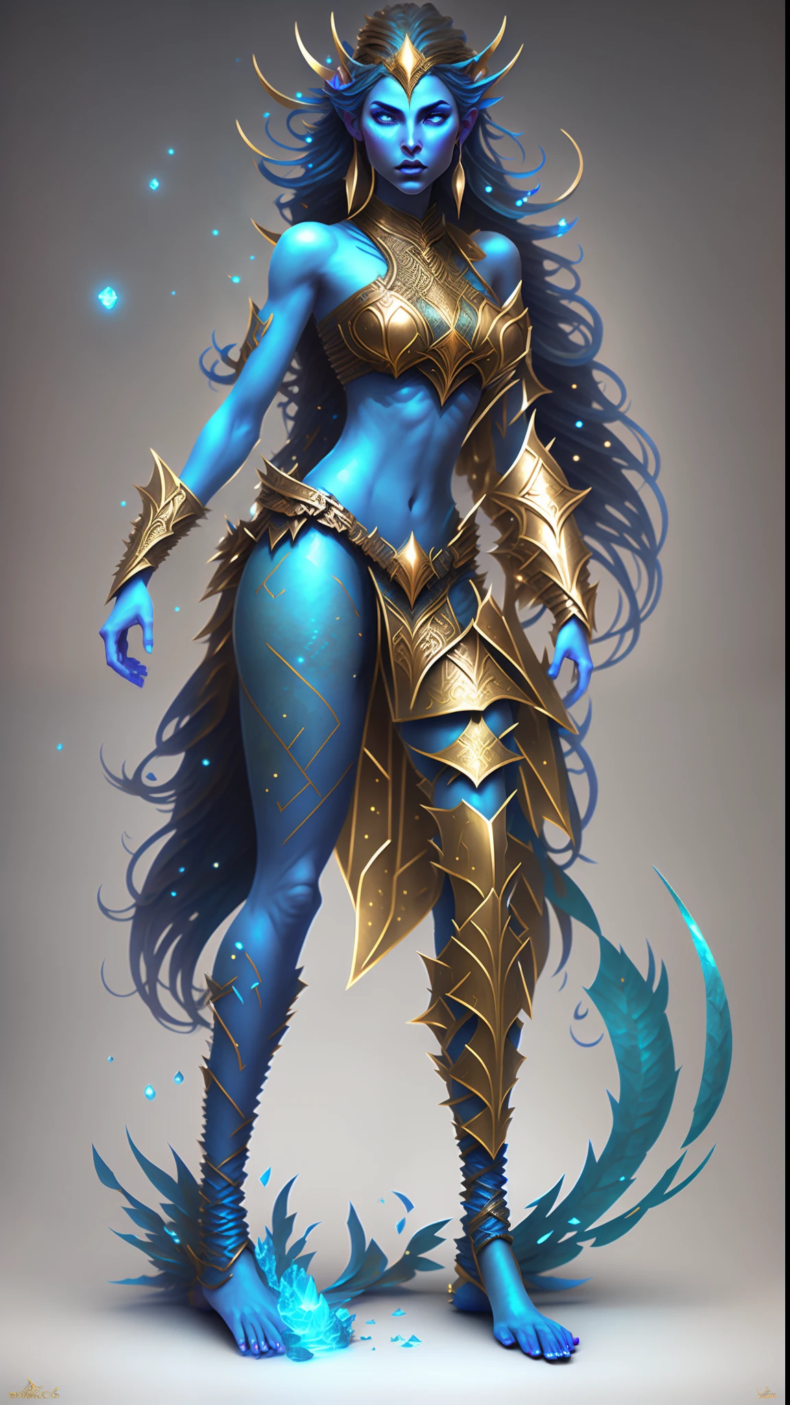 um close up de uma mulher com tinta azul no corpo, Djinn human hybrid, epic 3 d oshun, Tiefling azul, asian female water elemental, djinn azul, epic exquisite character art, Vencedor do concurso Artstation, Vencedor do concurso CGSetline!!, Vencedor do concurso CGSetline!!!, arte do personagem de fantasia, Artgerm Julie Bell Beeple The cast of the upcoming DC Universe film, powerful fantasy epic legends, heroes of might and magic, epic legends game icon, epic fantasy style, deuses antigos, Rainha e governante do universo, mystical atlantean valkyrie, Trindade, amazing mmorpg, epic real fantasy, Heroes of Power and Magic 3, personagens de fantasia, glorioso, epic fantasy HD art style