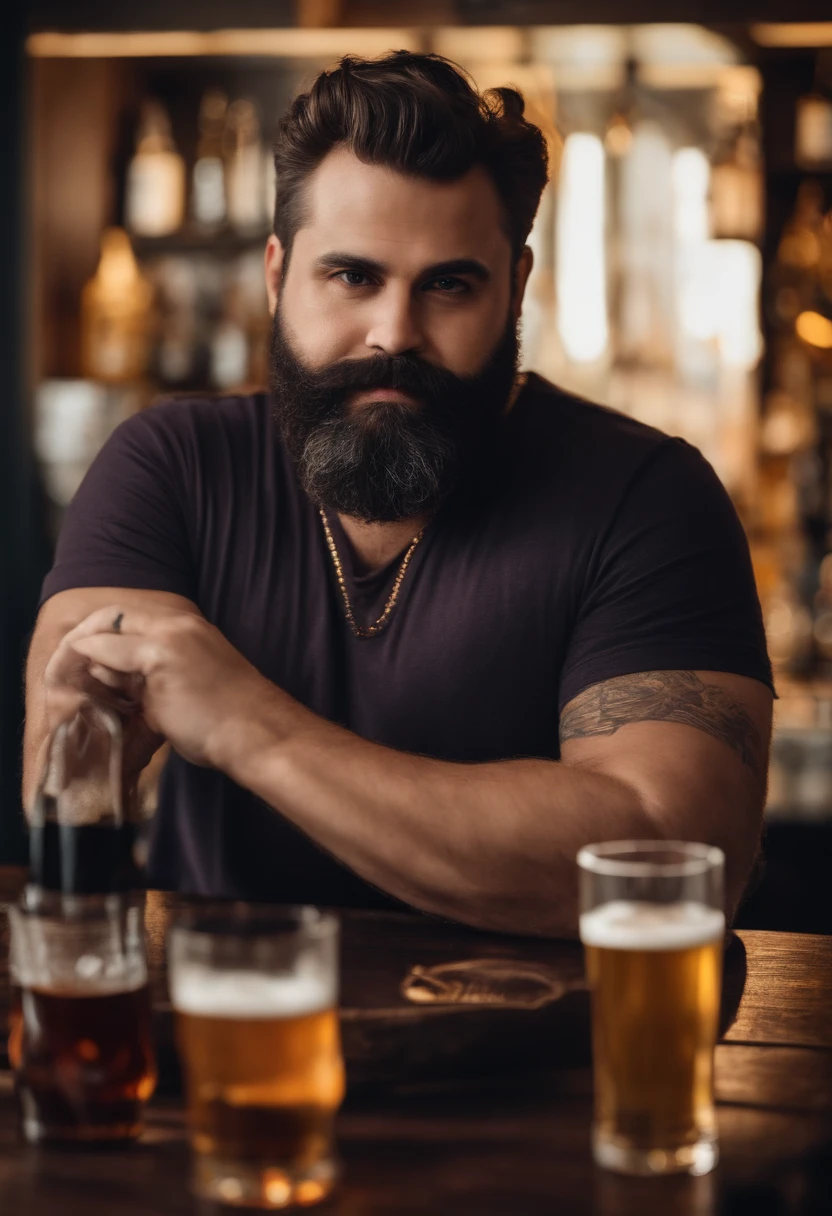 homem obeso com barba com camiseta roxa, tomando cerveja, em um bar