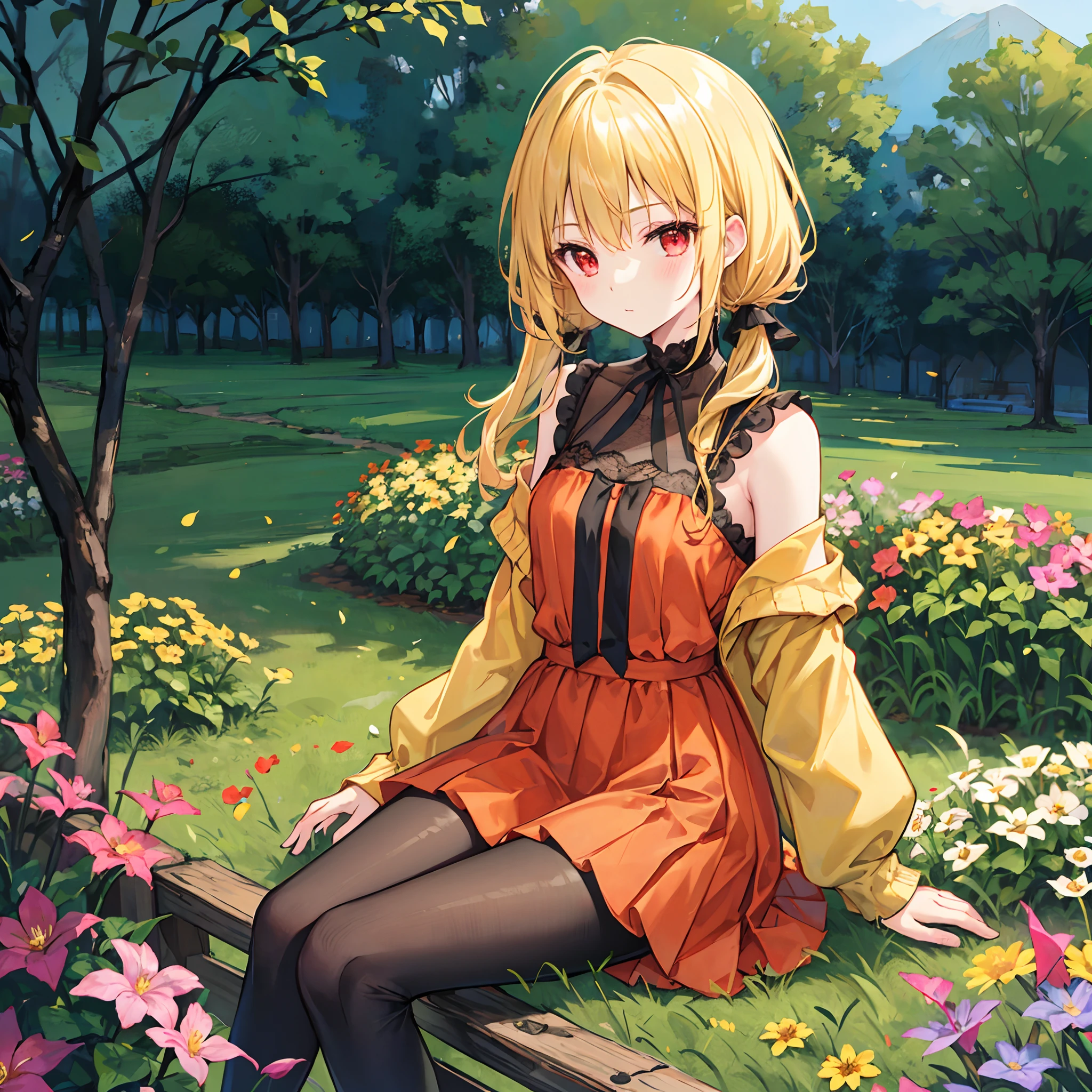 a blond、poneyTail、red eyes、Beautiful girl alone、Orange dress、off shoulders、a miniskirt、Black tights、sitting on、flower field