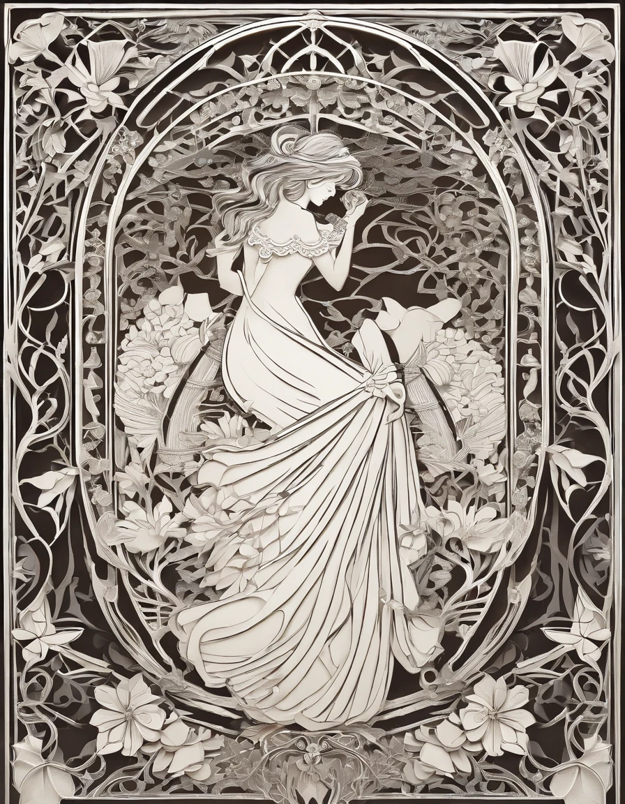 absurdres, best quality, ultra detailed,detailed background,(art nouveau:1.5), (zentangle:1.3),
1girl,