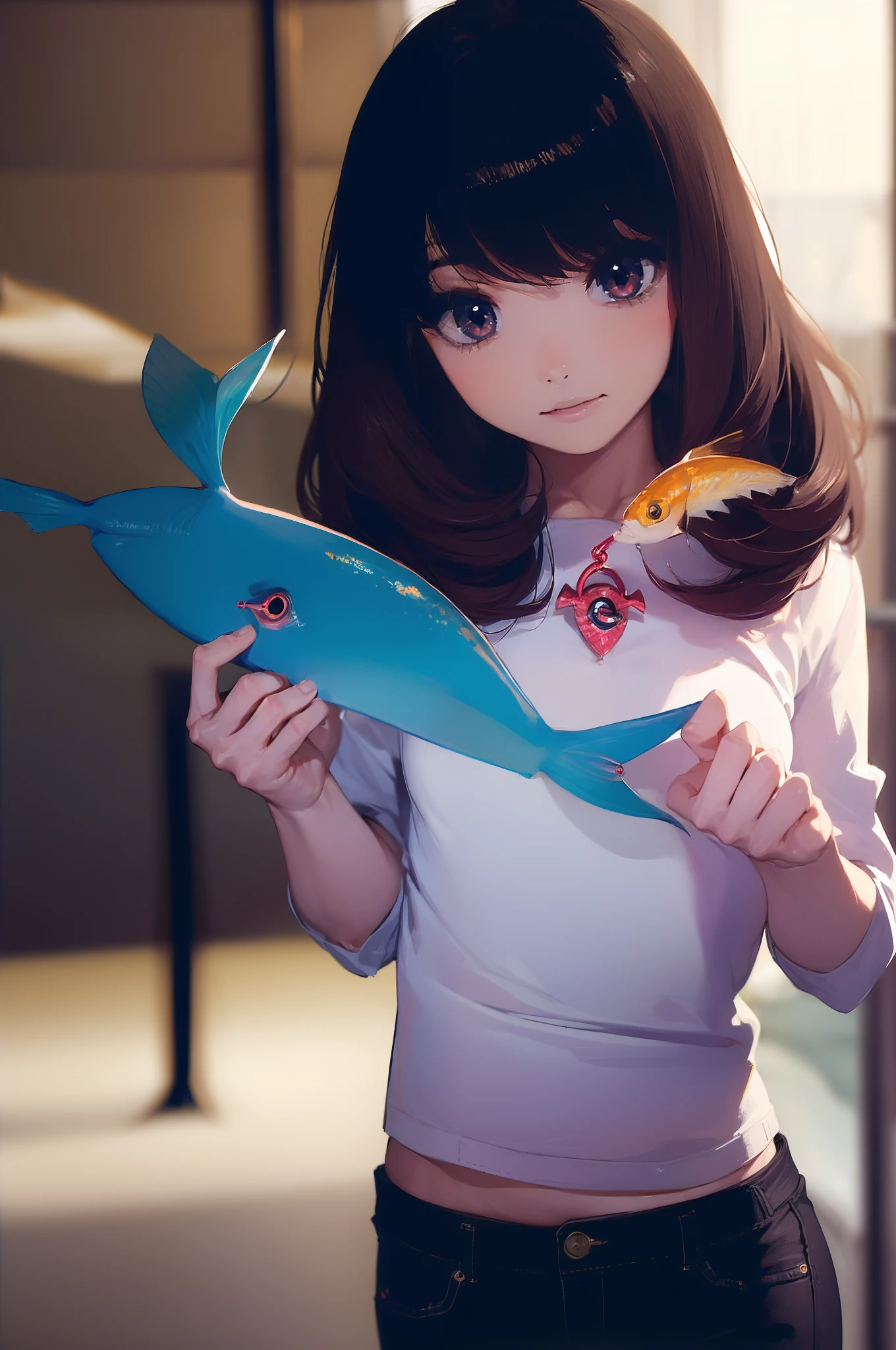 ((((Have a lure in the shape of a fish:1.5)))),((Female 28 years old)),((Best Quality:1.5)),(((Hands with the correct number and structure of fingers:1.4))),((riverside:1.37)),hight resolution,ultra-detailliert,​masterpiece,best qualtiy,(Eight-headed body),Black hair, long eyeslashes, Solid Circle Eyes, drop shadow, Atmospheric perspective,Super Detail, ccurate, small brest,(Black jacket and black jeans :1.1),top-quality, blurry backround, bokeh dof:1.2, (​masterpiece:1.3),  Atmospheric perspective,Super Detail,dynamic compositions,