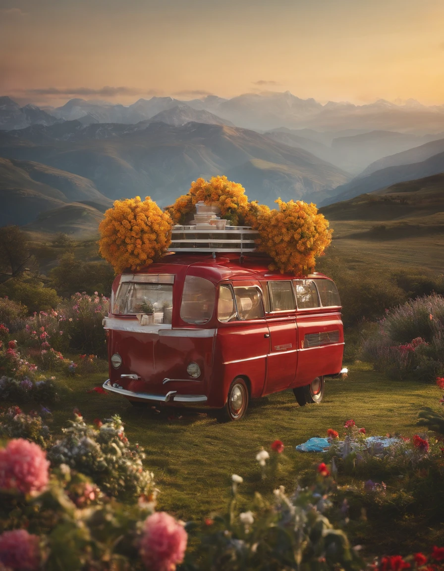 ,high high quality,8K,Many details,Ice cream is like a mountain,Little cherry,chocolate bar,The shape of the rotation is beautiful,adolable,Rich in color,Poster illustration,The foreground is surrounded by wildflowers,Advertising poster advertising promotion,Beautifully composed
