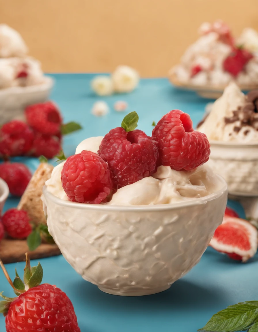 ,high high quality,8K,Many details,Ice cream is like a mountain,Little cherry,chocolate bar,The shape of the rotation is beautiful,adolable,Rich in color,Poster illustration,The foreground is surrounded by wildflowers,Advertising poster advertising promotion,Beautifully composed