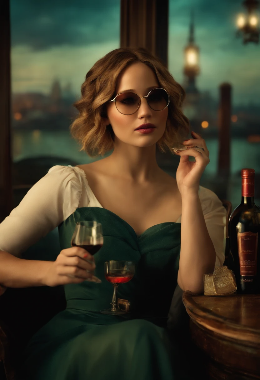 jennifer lawrence, bioshock style, drinking wine, using glasses, sad