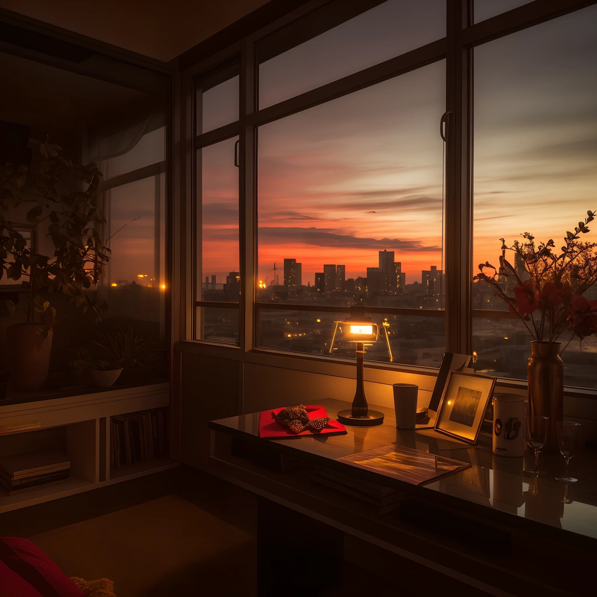 Ararfada view of a city skyline from a window with a table and lamp, Sunset view, cinematic morning light, Directed by: Etienne Delessert, dramatic warm morning light, 8K HDR sunset lit, night setting, Paisagem urbana na janela, Iluminado em uma luz do amanhecer, evening sunset, morning hard light, brilho matinal, Sunset Glow, morning golden hour, warm sundown