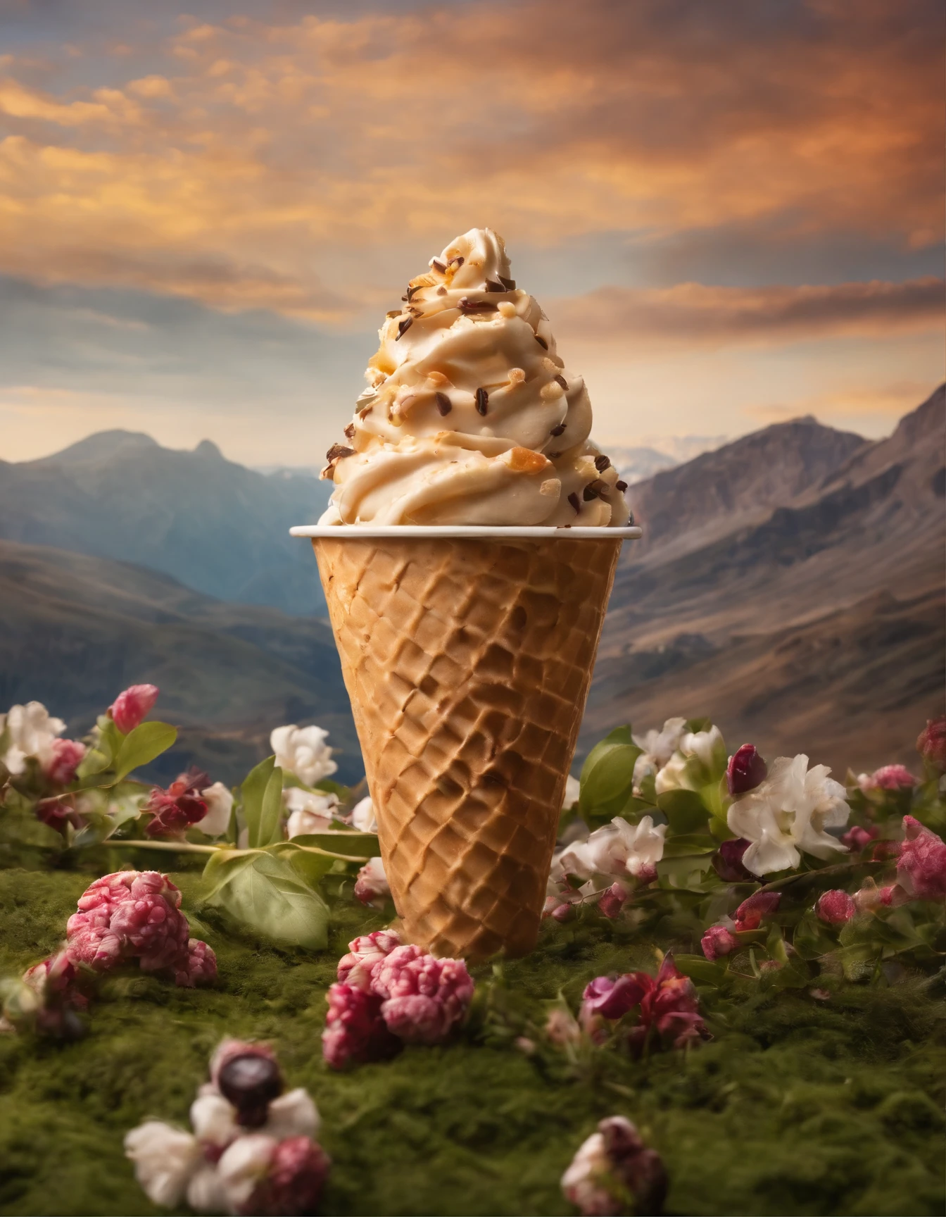 ,high high quality,8K,Many details,Ice cream is like a mountain,Little cherry,chocolate bar,The shape of the rotation is beautiful,adolable,Rich in color,Poster illustration,The foreground is surrounded by wildflowers,Advertising poster advertising promotion,Beautifully composed