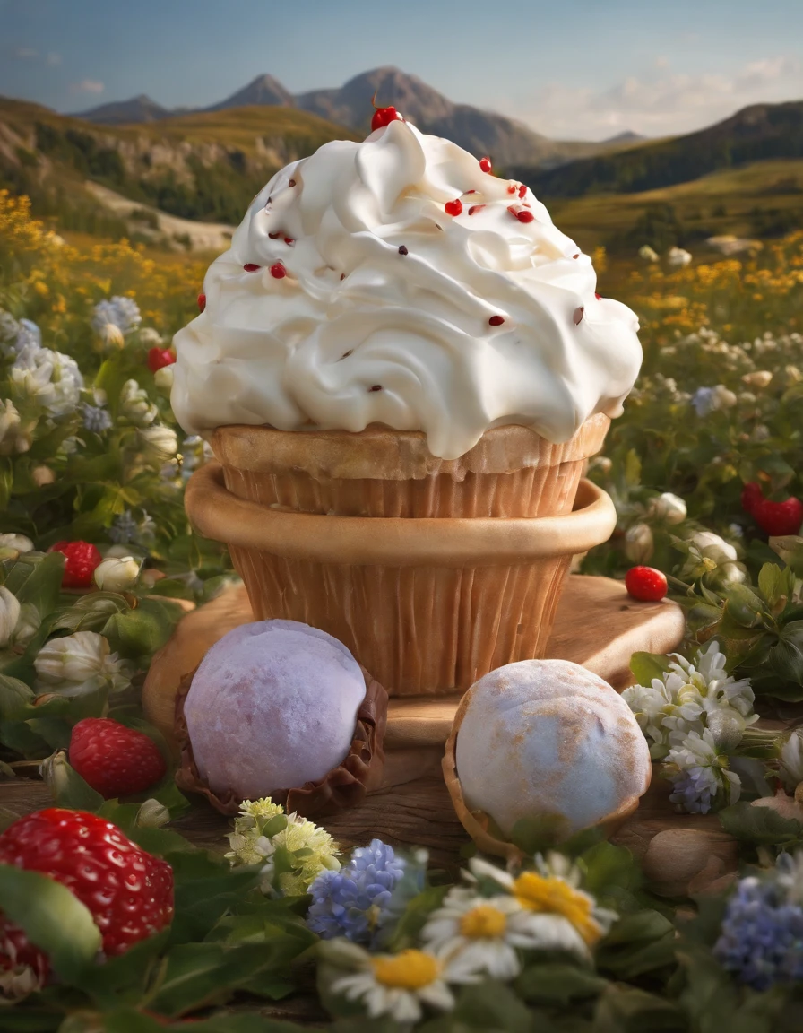 ,high high quality,8K,Many details,Ice cream is like a mountain,Little cherry,chocolate bar,The shape of the rotation is beautiful,adolable,Rich in color,Poster illustration,The foreground is surrounded by wildflowers,Advertising poster advertising promotion,Beautifully composed