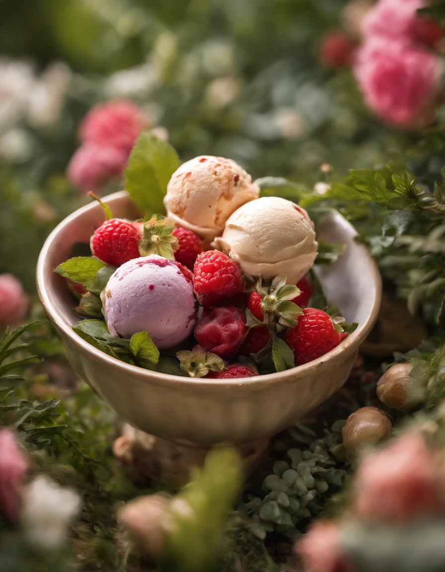 ,high high quality,8K,Many details,Ice cream is like a mountain,Little cherry,chocolate bar,The shape of the rotation is beautiful,adolable,Rich in color,Poster illustration,The foreground is surrounded by wildflowers,Advertising poster advertising promotion,Beautifully composed