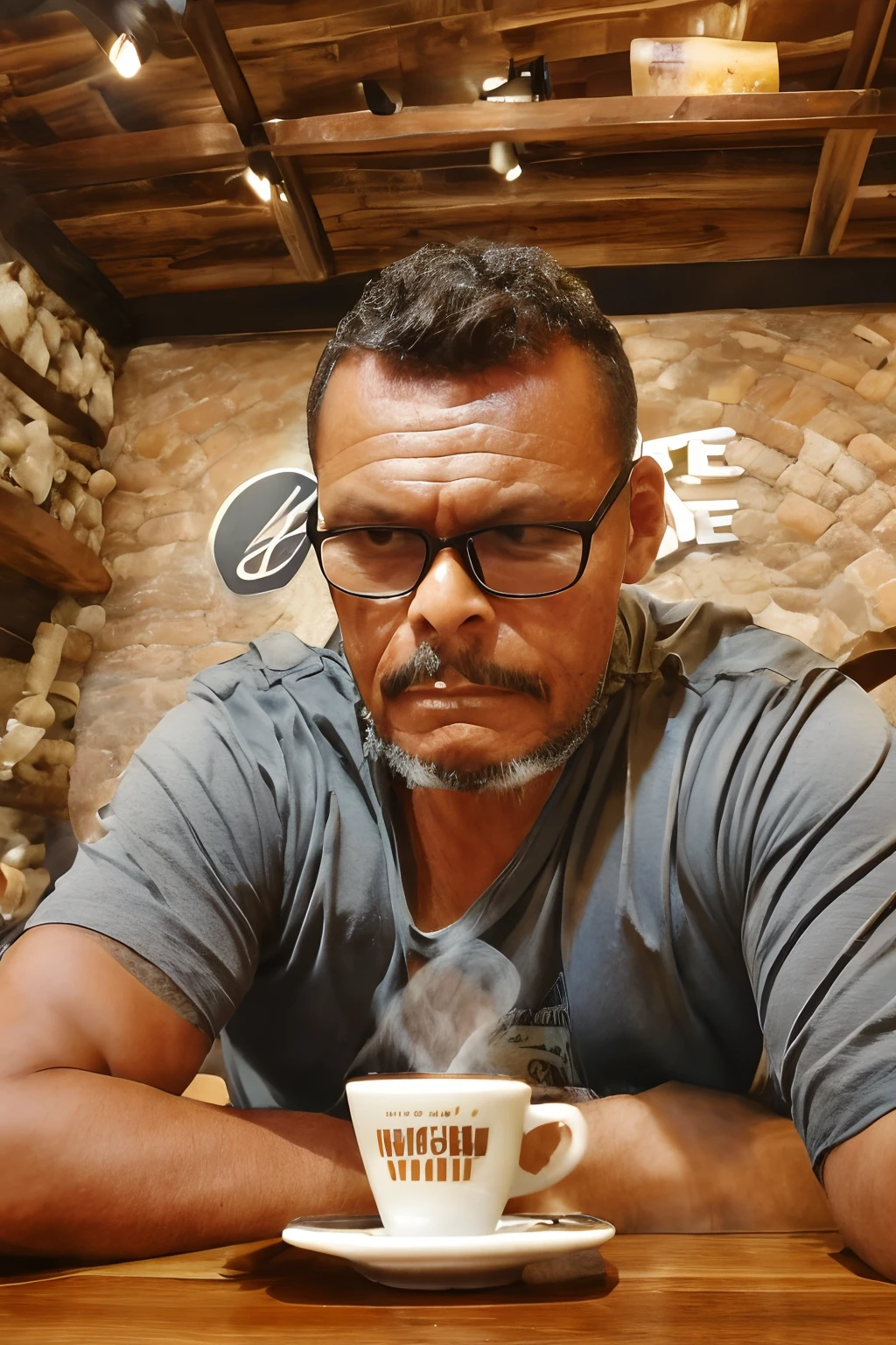 A man sitting in a rustic café, holding a steaming cup of coffee. The atmosphere is cozy, with worn wooden furniture and soft light. Ao lado dele, an espresso machine purrs, filling the place with the rich aroma of freshly brewed coffee. Ele saboreia a bebida lentamente, lost in his own thoughts, enquanto clientes conversam suavemente ao fundo. aconchegante, contemplativo, with the aroma of coffee in the air.