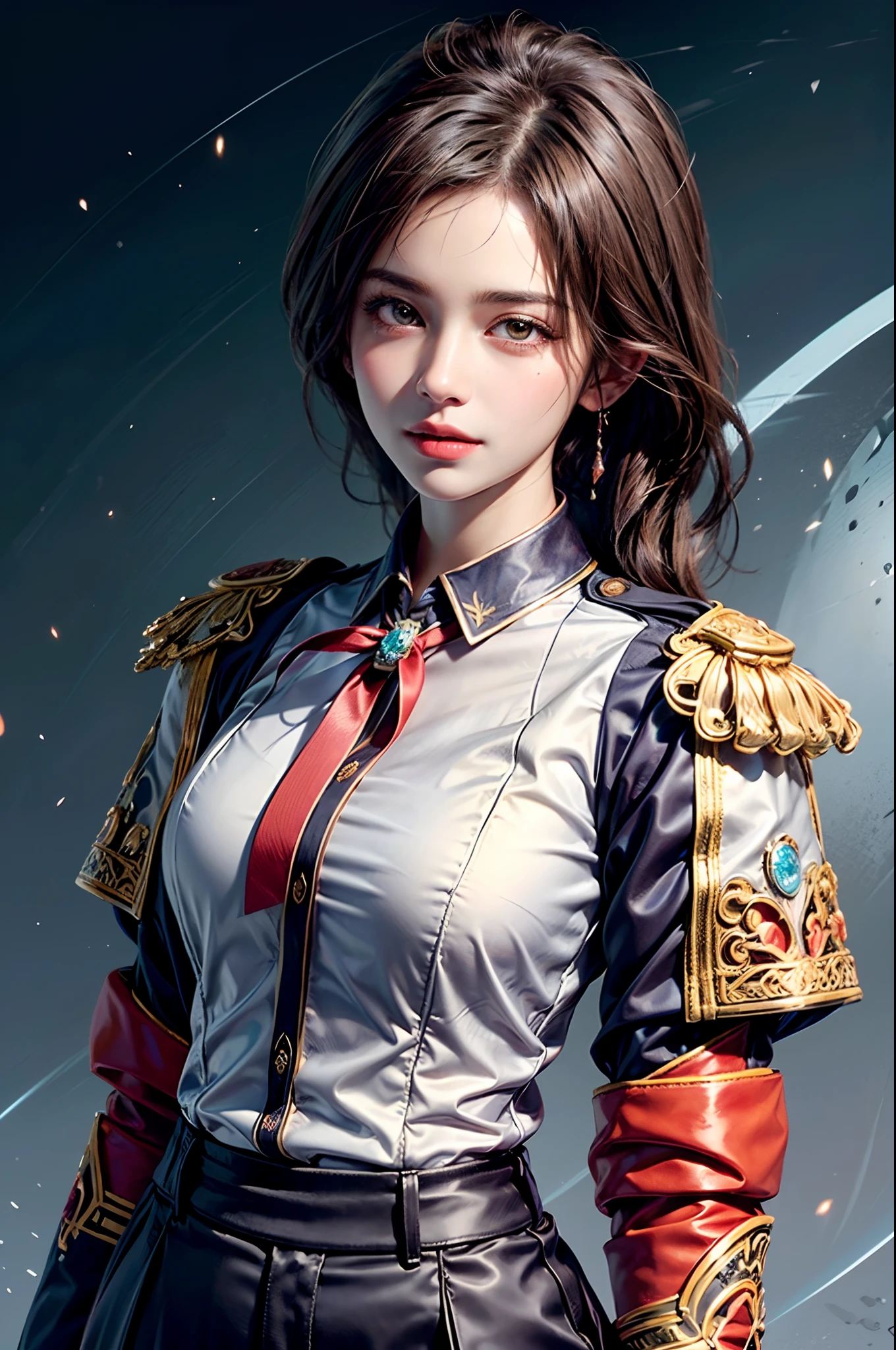 (Masterpiece:1.2), (photoreallistic:1.2), (Best quality),((Realstic:1.3)), (detailed skin:1.3), (Intricate details), dramatique, Ray Tracing,finely detailed, quality,realistic lighting, sourire, Uniforme militaire, edgElegant, 1fille, seulement, front, poitrine, Regarder le spectateur, rougir, ouvrir bouche, Shoulder pads, porter edgElegant, manches longues, collared shirt, veste, medal, broderie, corps entier