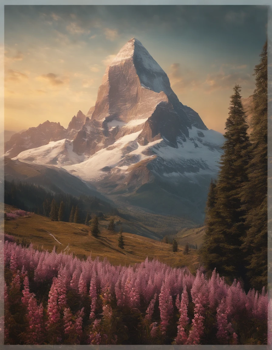 ,high high quality,8K,Many details,Ice cream is like a mountain,Little cherry,chocolate bar,The shape of the rotation is beautiful,adolable,Rich in color,Poster illustration,The foreground is surrounded by wildflowers,Advertising poster advertising promotion,Beautifully composed,Far Mountain,rosy clouds