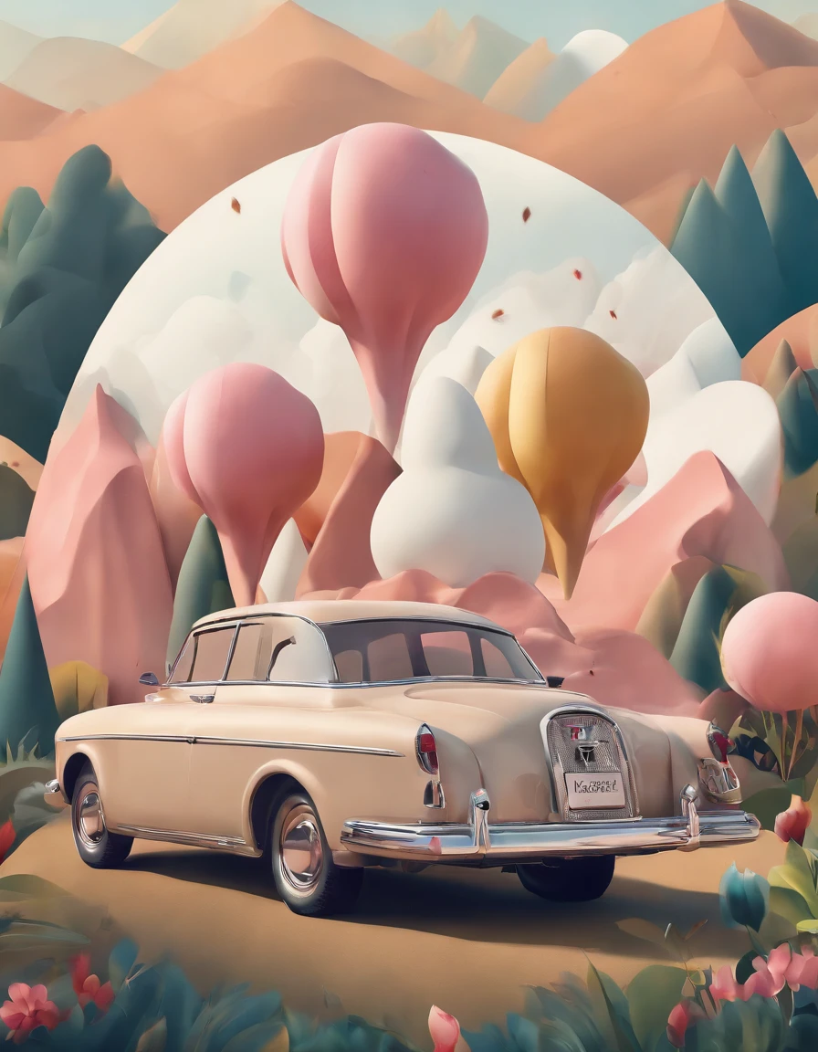 ,high high quality,8K,Many details,Ice cream is like a mountain,Little cherry,chocolate bar,The shape of the rotation is beautiful,adolable,Rich in color,Poster illustration,The foreground is surrounded by wildflowers,Advertising poster advertising promotion,Beautifully composed,Far Mountain,rosy clouds