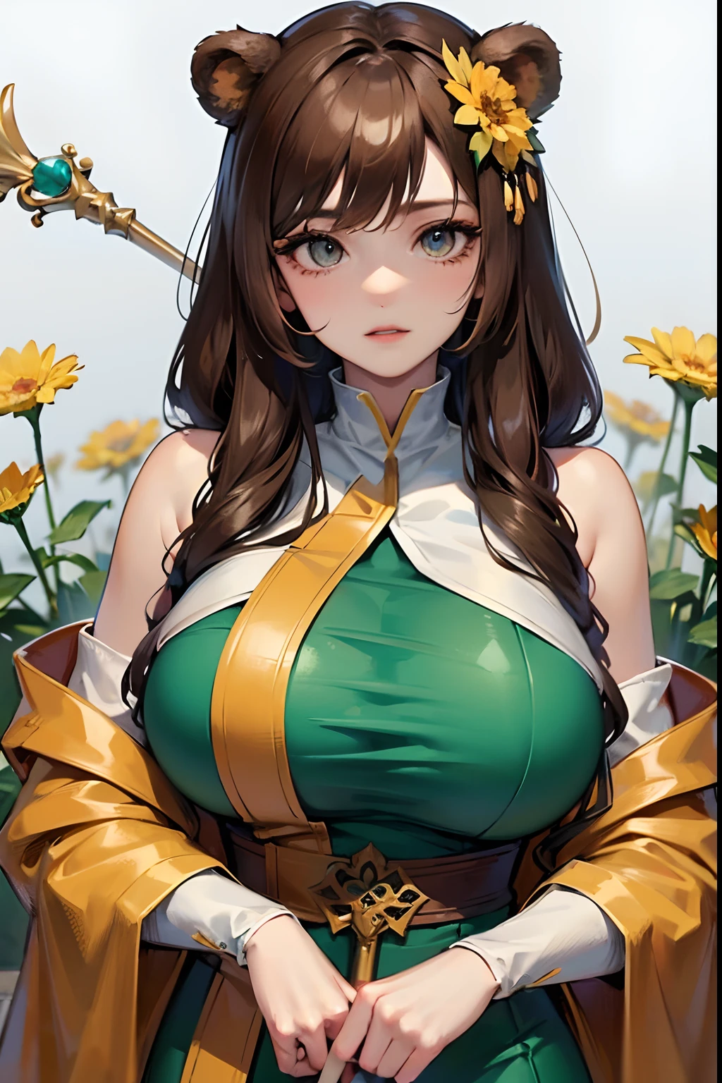 ((tmasterpiece))，(Best quality at best)，(A half body)，facing at camera，(ultra intricately detailed)，(Highest definition)，(8K)，(Clean lines)，(Perfect facial features，Perfect flesh)，(offcial art)，1girll，(Monks)，((Super super huge breasts))，naturey，grassy，fresh flowers，(Animal skin clothing，Bear skin，Savage)，hermit，Natural affinity，Brown messy hair，long whitr hair，Wooden sceptre，(Besticity)