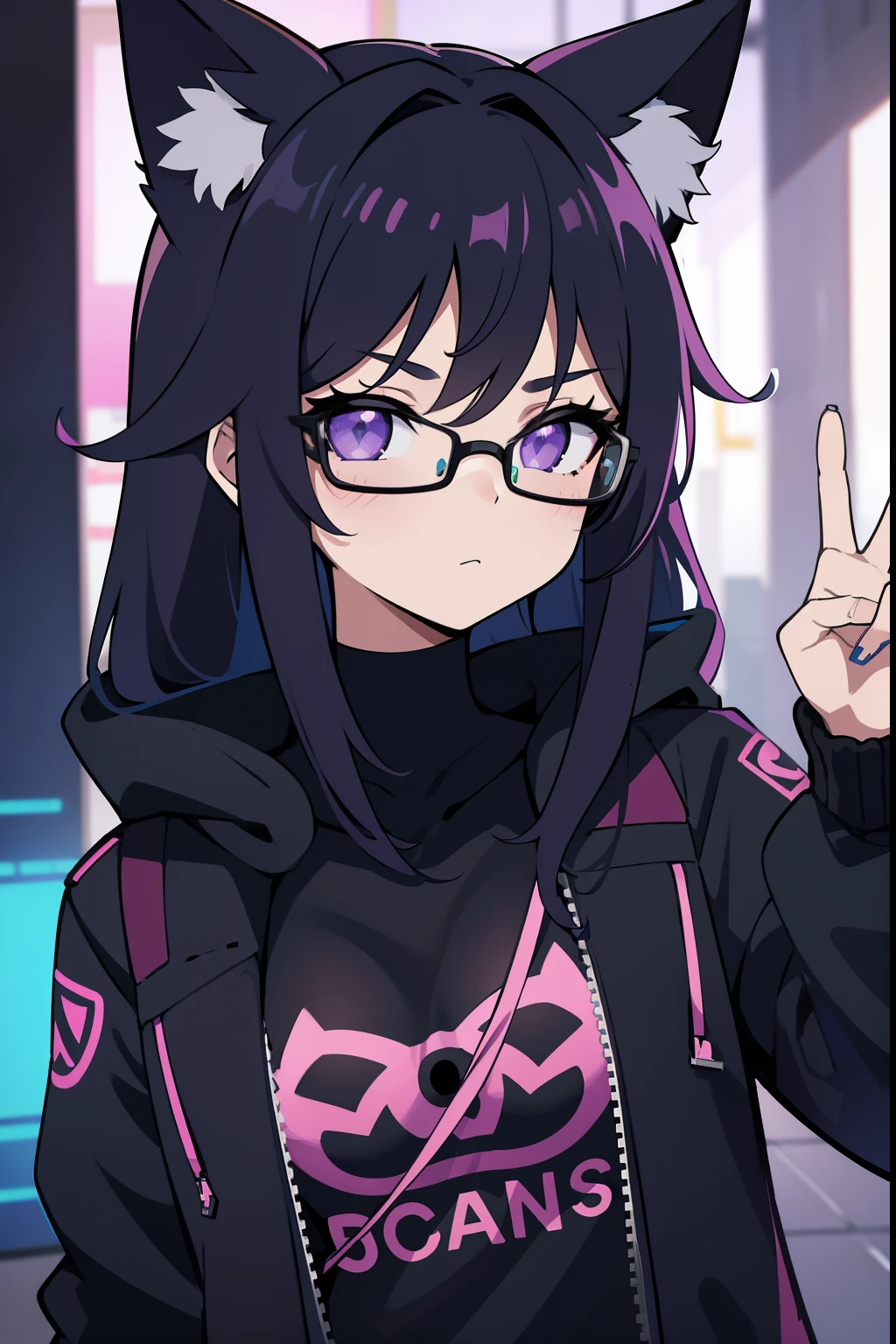Cyberpunk roxo gamer, with glasseswith cat ears, olhos roxos brilhando, Cabelo tamanho medio preto Chanel com pontas roxa