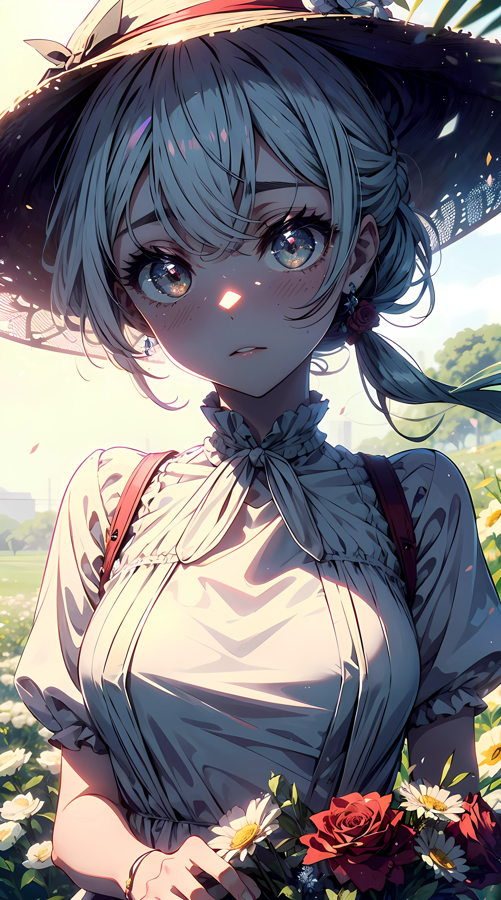 ((obra-prima, melhor qualidade)), 1girl, flor, solo, gasai yuno, vestido, segurando, heaven, nuvem, kalap, ao ar livre, franja, bouquet, rosa, gasai yuno, no expression, blush, cabelo rosa, campo de flores, flor vermelha, olhos cor-de-rosa, vestido branco, olhando para o espectador, cabelo midiium, segurando flor, seios pequenos, rosa vermelha, holding bouquet, sunhat, headwear branco, profundidade de campo