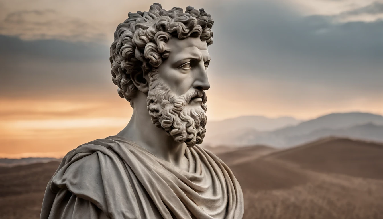 a portrait statue of the stoic Marcus Aurelius and white 4K,Face de lado, papel de parede super realista com fogo atras, fogo no fundo, chamas