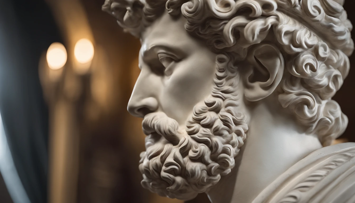 a portrait statue of the stoic Marcus Aurelius and white 4K,Face de lado, papel de parede super realista com fogo atras, fogo no fundo, chamas