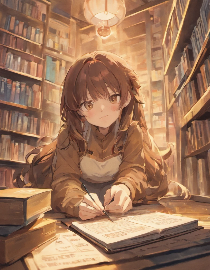 anime woman, long brown hair with bangs, wearing a brown t-shirt, denim overalls, has a cute button nose, is reading a book and smiling, in a library full of plants and books, sitting on a cute pillow on the ground crossing her legs, with natural sunlight coming in through a window