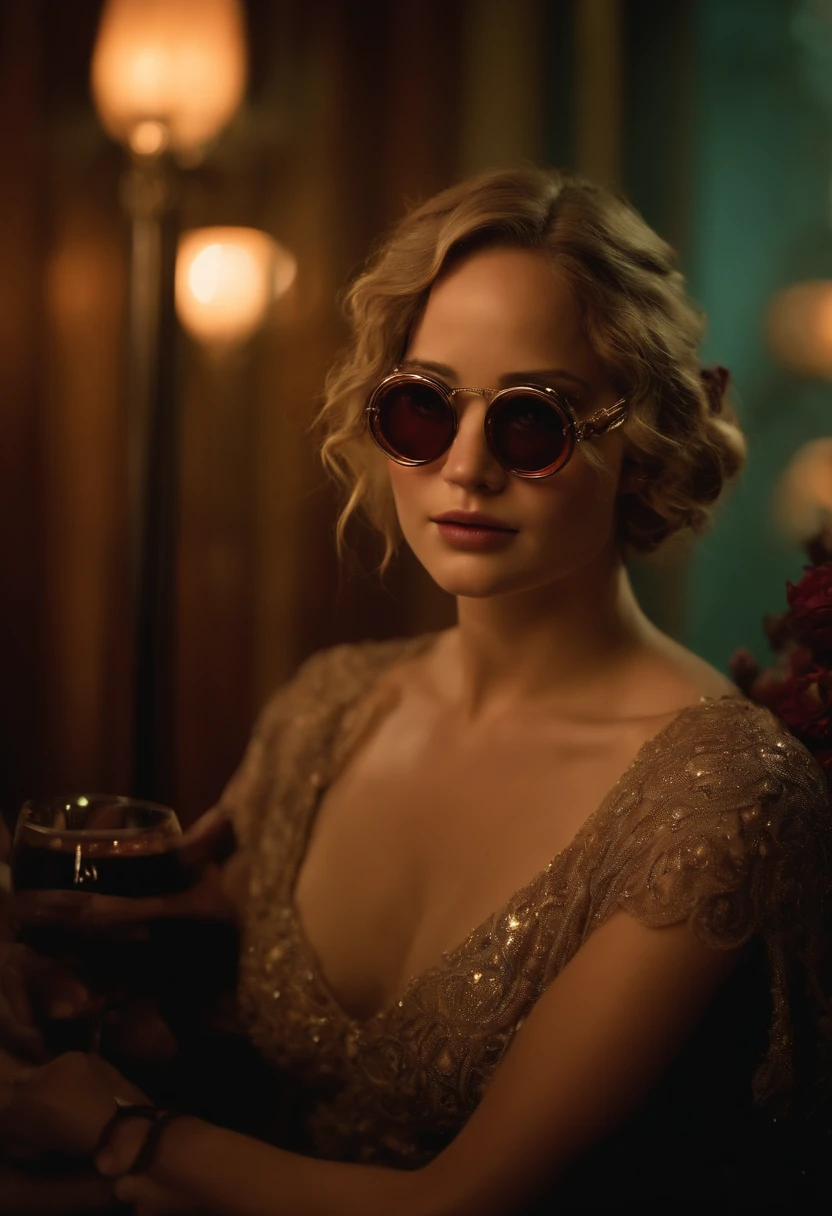 Jennifer Lawrence, estilo bioshock, bebendo vinho, wearing goggles, triste, durante a noite