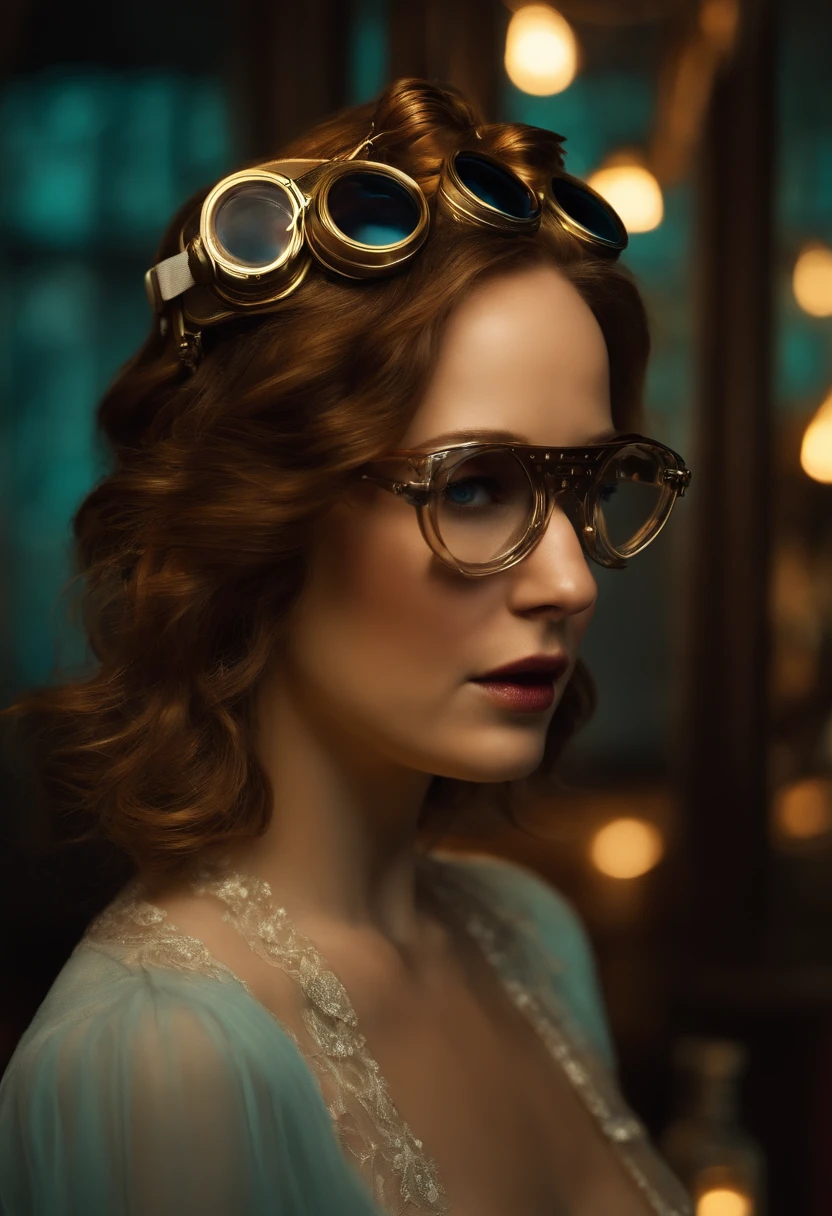 Jennifer Lawrence, estilo bioshock, bebendo vinho, wearing goggles, triste, durante a noite