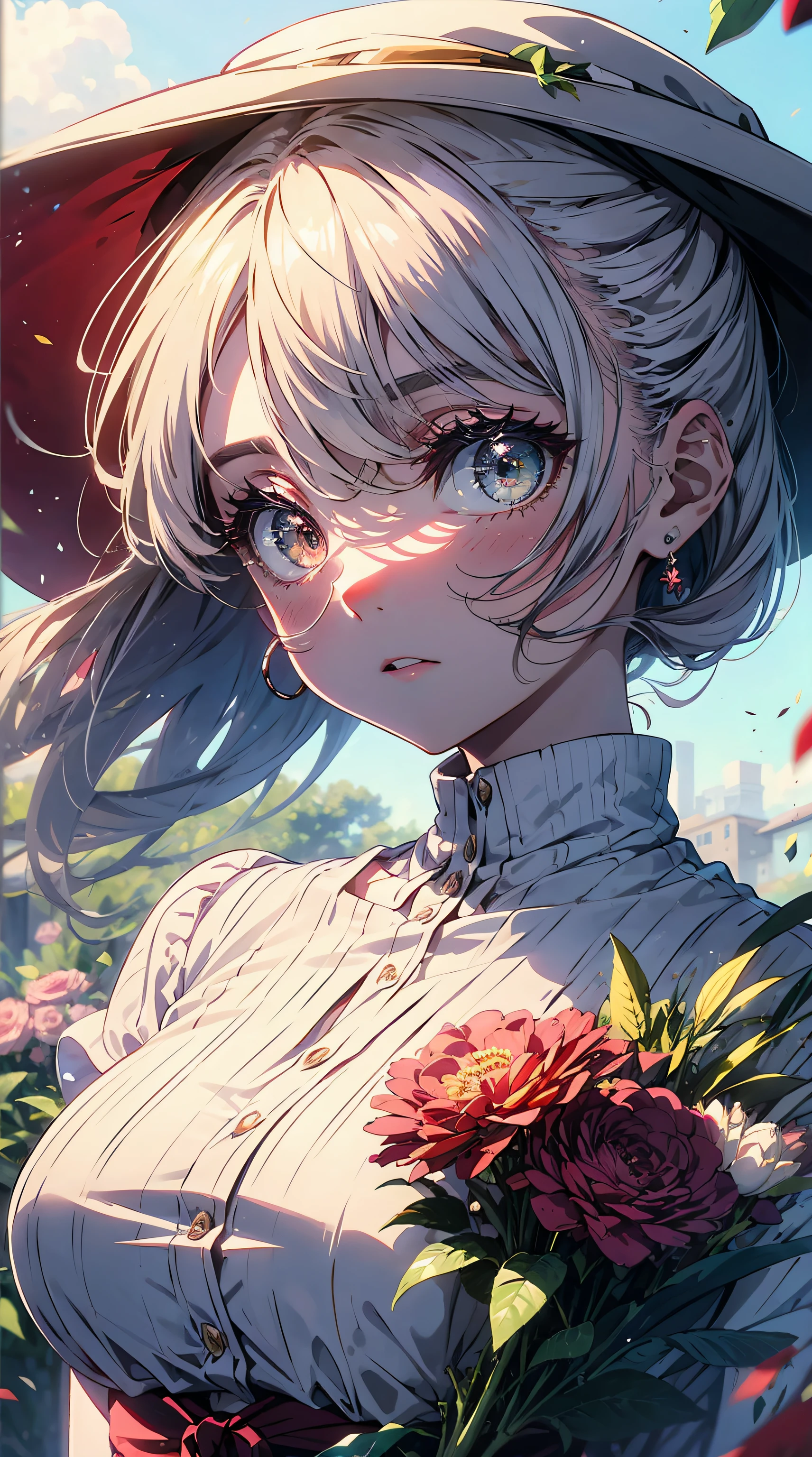 ((obra-prima, melhor qualidade)), 1girl, flor, solo, gasai yuno, vestido, segurando, heaven, nuvem, kalap, ao ar livre, franja, bouquet, rosa, gasai yuno, no expression, blush, cabelo rosa, campo de flores, flor vermelha, olhos cor-de-rosa, vestido branco, olhando para o espectador, cabelo midiium, segurando flor, seios pequenos, rosa vermelha, holding bouquet, sunhat, headwear branco, profundidade de campo