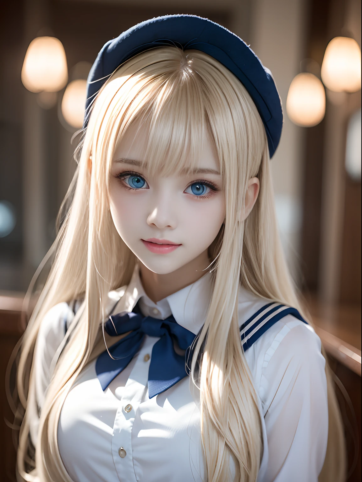portlate、School Uniforms、bright expression、Young shiny shiny white shiny skin、Best Looks、Blonde reflected light、Platinum blonde hair with dazzling highlights、shiny light hair,、Super long silky straight hair、Beautiful bangs that shine、Glowing crystal clear attractive big blue eyes、Very beautiful nice cute girl、Lush bust、