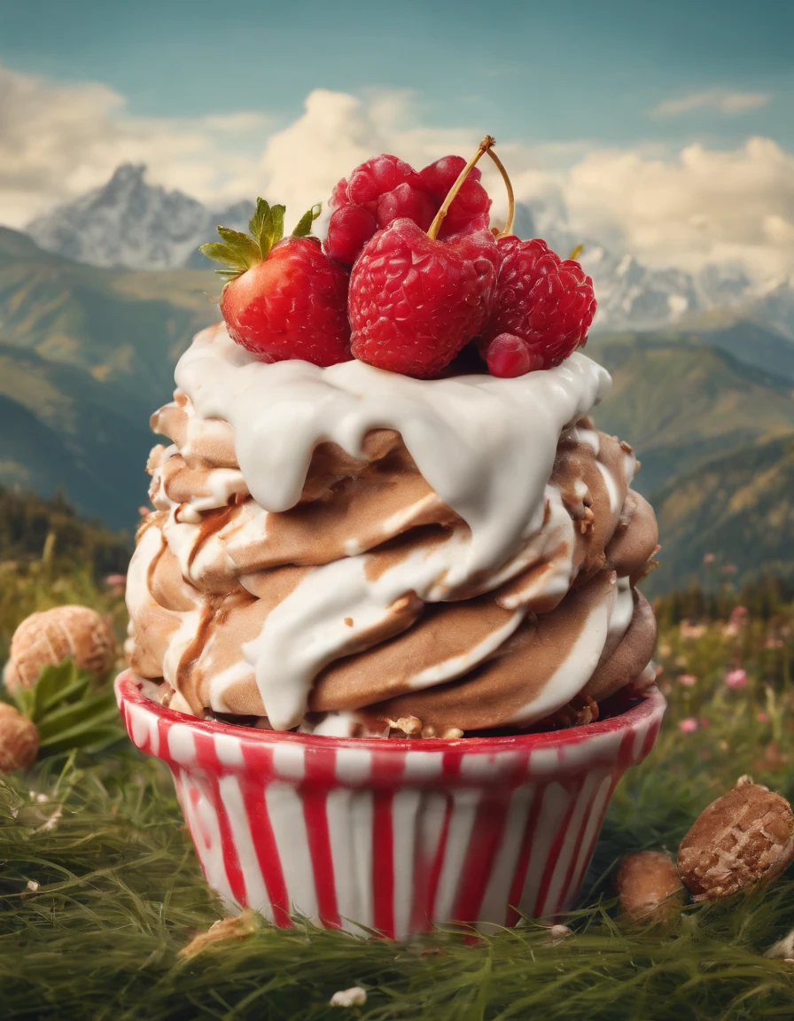 ,high high quality,8K,Many details,Ice cream is like a mountain,Little cherry,chocolate bar,The shape of the rotation is beautiful,adolable,Rich in color,Poster illustration,The foreground is surrounded by wildflowers,Advertising poster advertising promotion,Beautifully composed,Far Mountain,rosy clouds