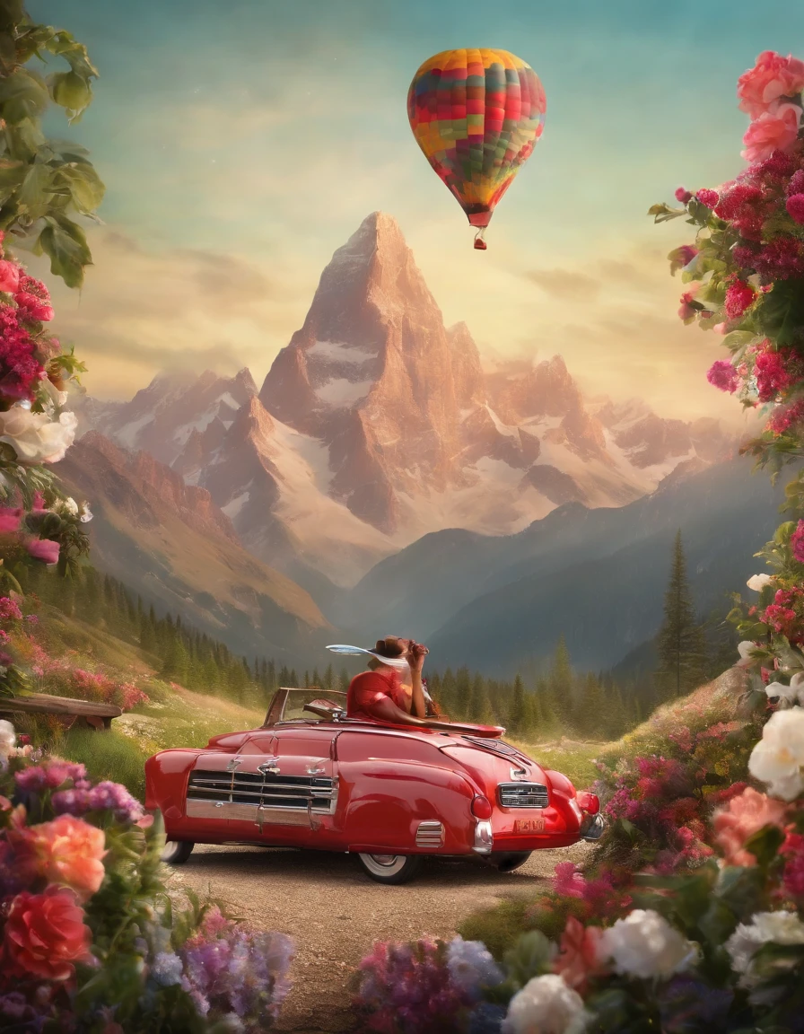 ,high high quality,8K,Many details,Ice cream is like a mountain,Little cherry,chocolate bar,The shape of the rotation is beautiful,adolable,Rich in color,Poster illustration,The foreground is surrounded by wildflowers,Advertising poster advertising promotion,Beautifully composed,Far Mountain,rosy clouds