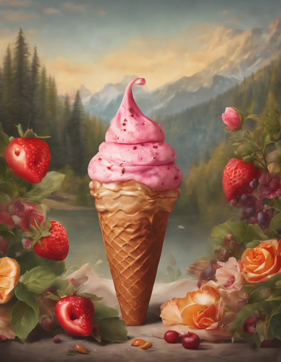 ,high high quality,8K,Many details,Ice cream is like a mountain,Little cherry,chocolate bar,The shape of the rotation is beautiful,adolable,Rich in color,Poster illustration,The foreground is surrounded by wildflowers,Advertising poster advertising promotion,Beautifully composed,Far Mountain,rosy clouds