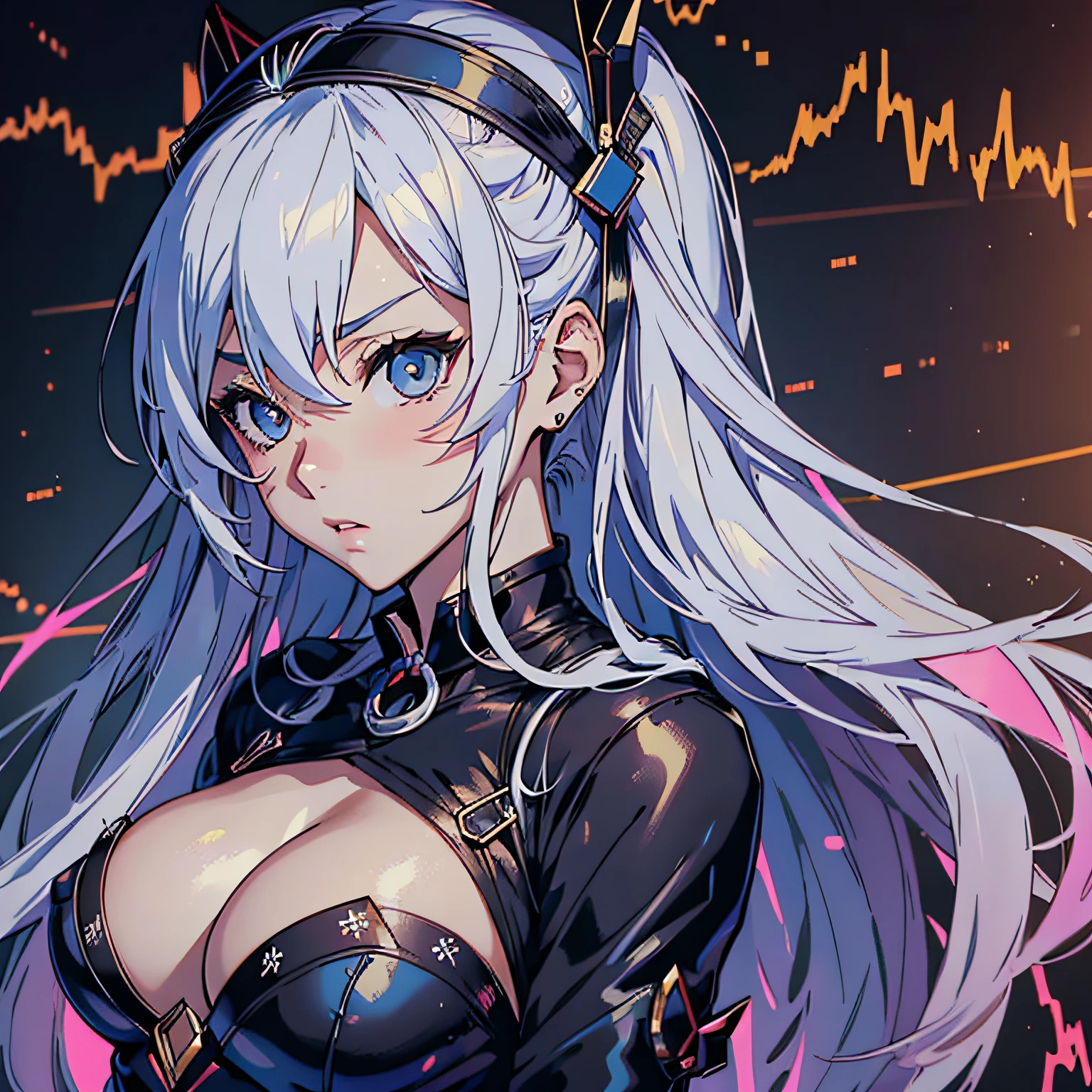Anime Waifu mit riesigen Titten, die zusehen, how the stock market crashes, (Erschrockenes Gesicht:1.4)